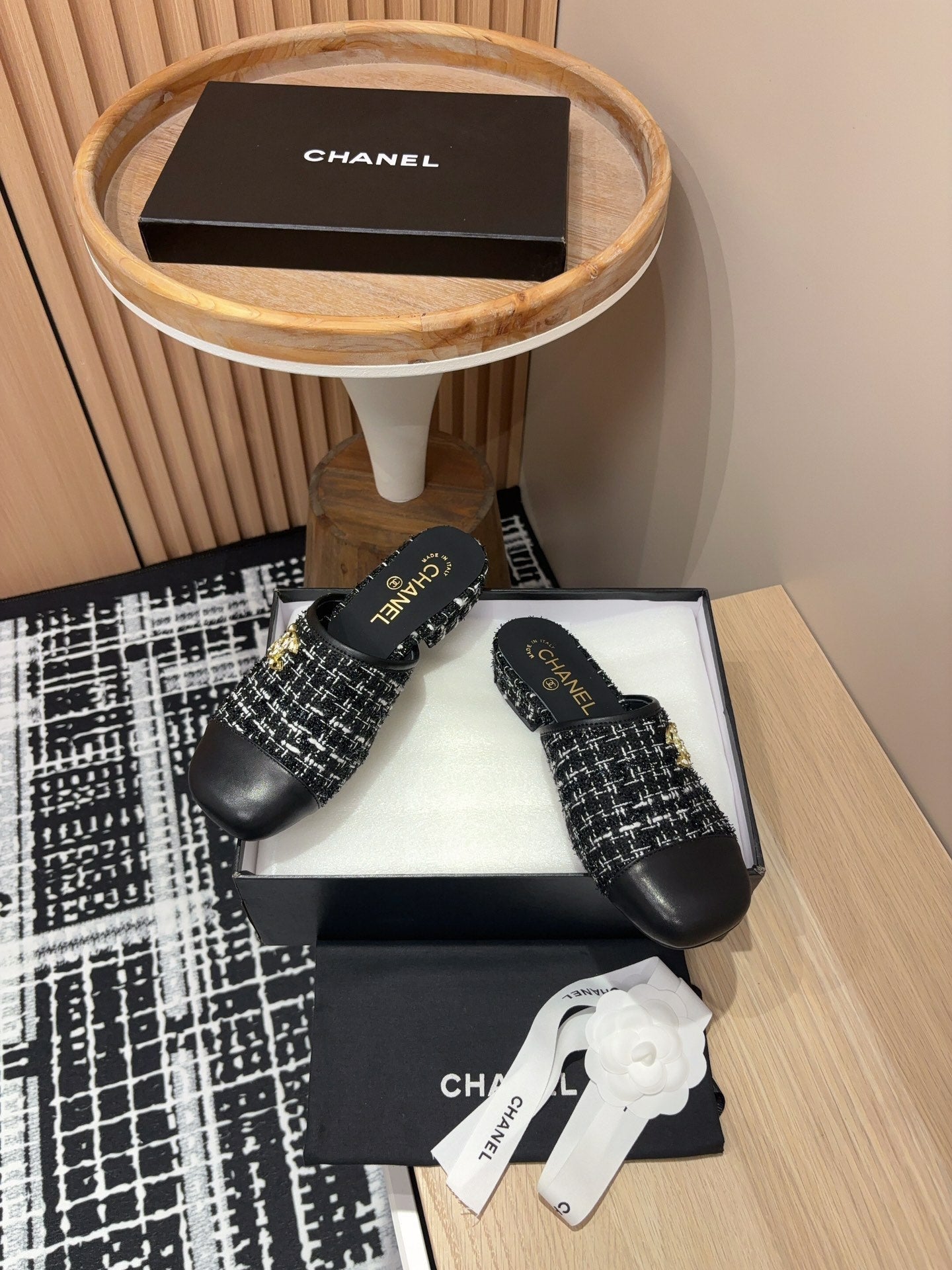 CC Mule 30mm In Black Mix White Wool Tweed And Lambskin