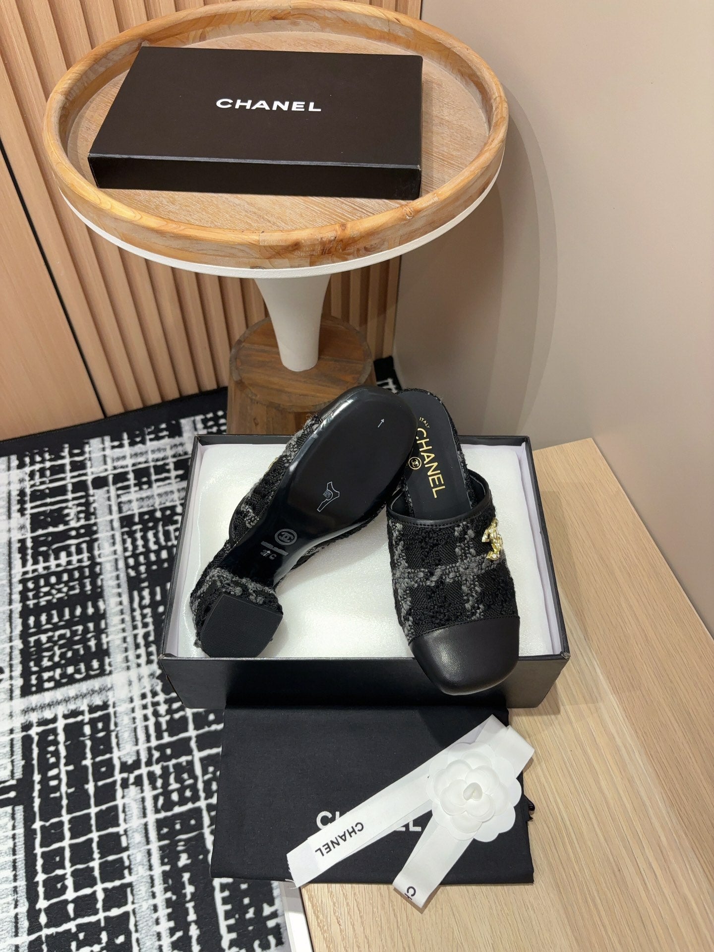 CC Mule 60mm In Black Wool Tweed And Lambskin Gold Hardware