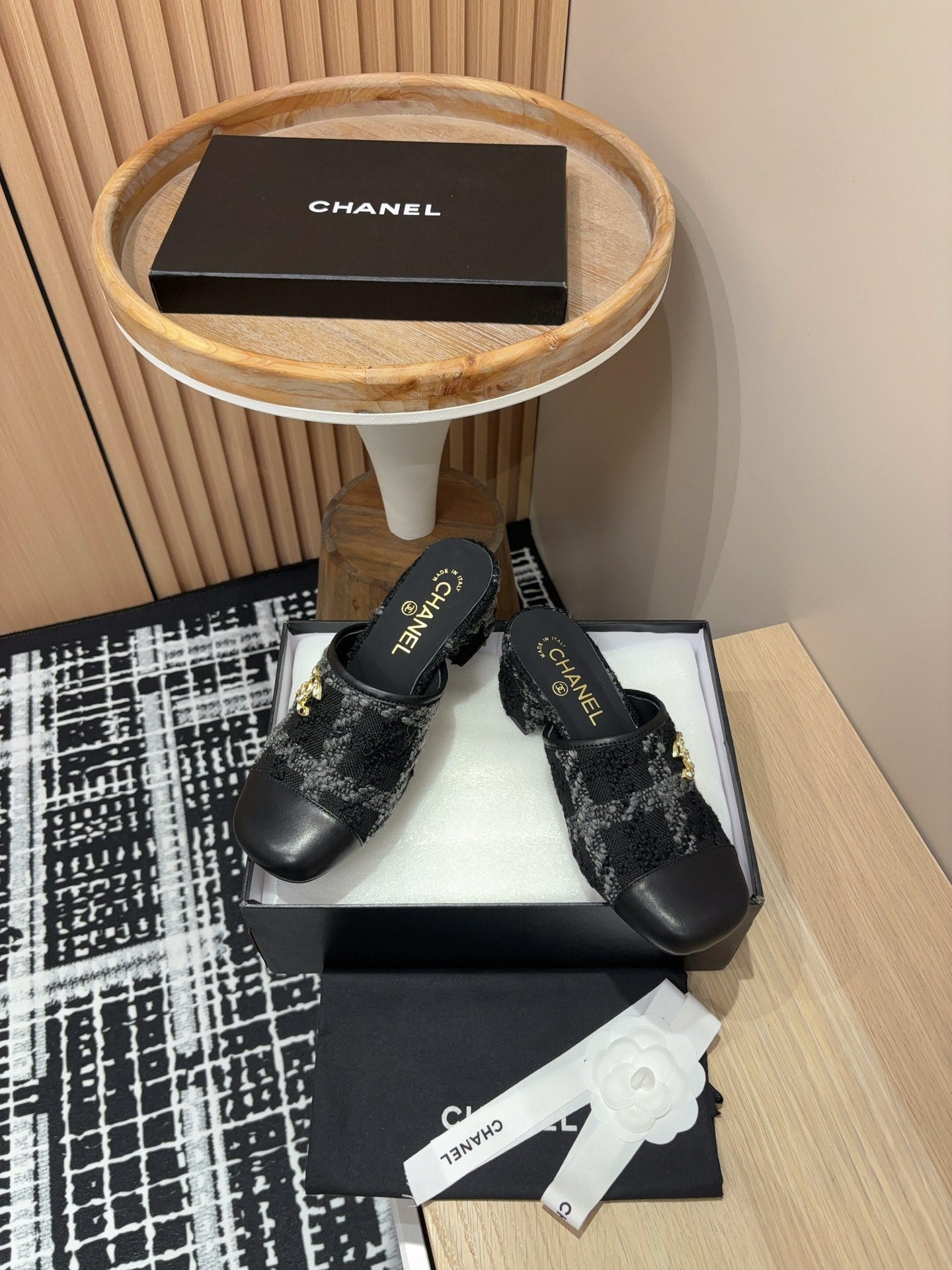 CC Mule 60mm In Black Wool Tweed And Lambskin Gold Hardware