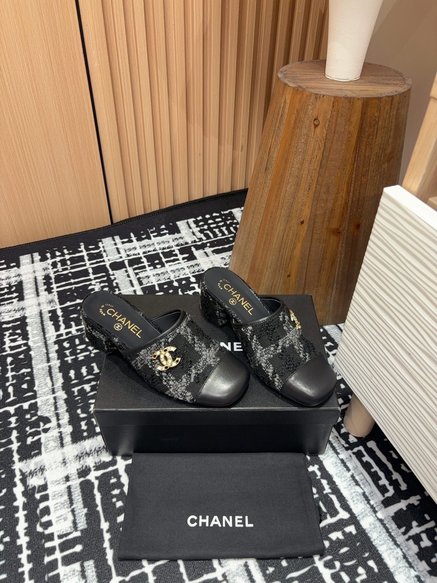 CC Mule 60mm In Black Wool Tweed And Lambskin Gold Hardware