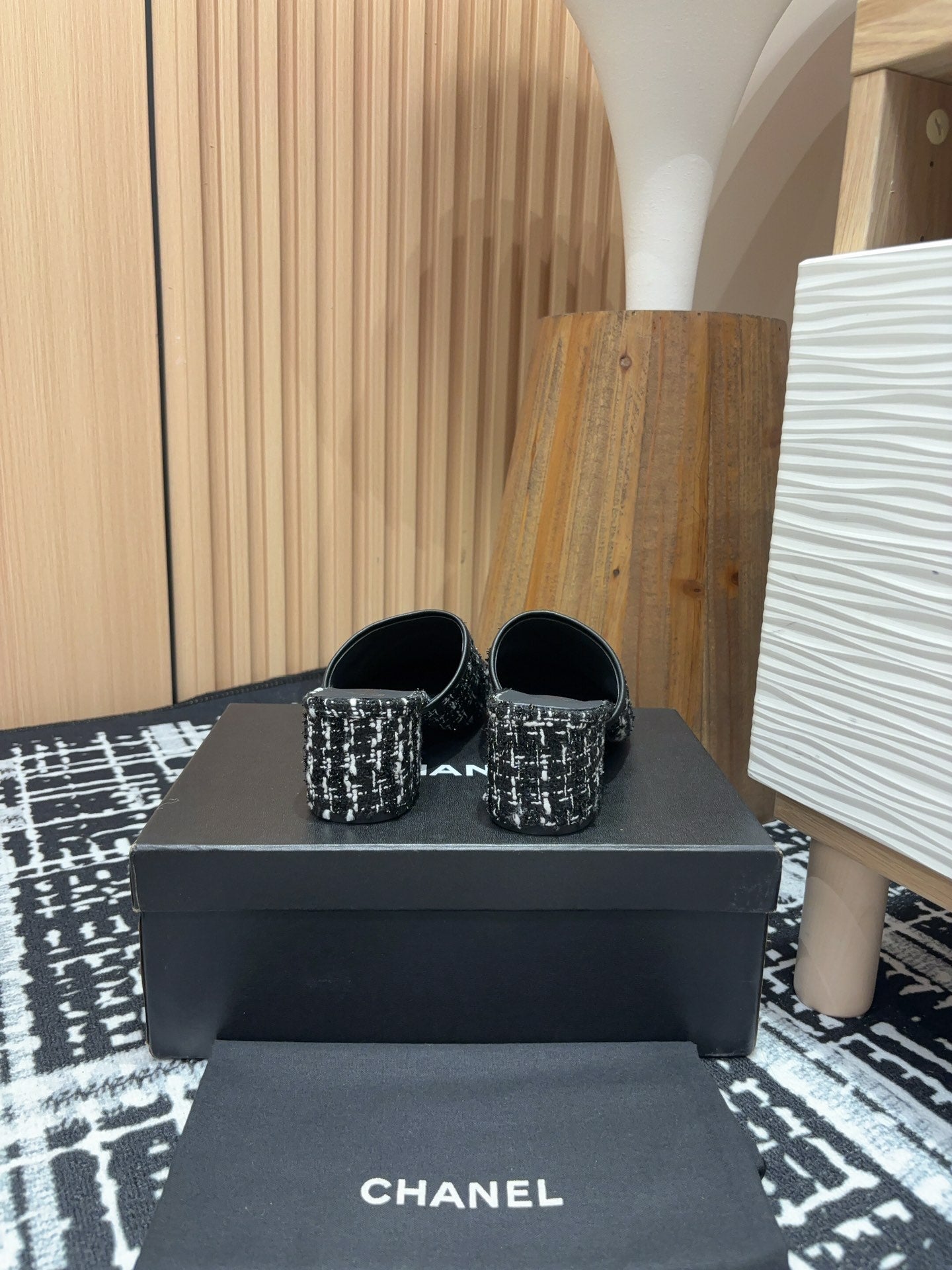 CC Mule 60mm In Black Mix White Wool Tweed And Lambskin