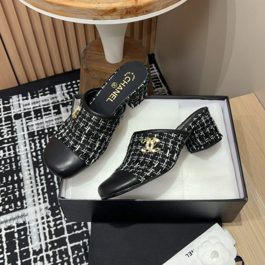 CC Mule 60mm In Black Mix White Wool Tweed And Lambskin