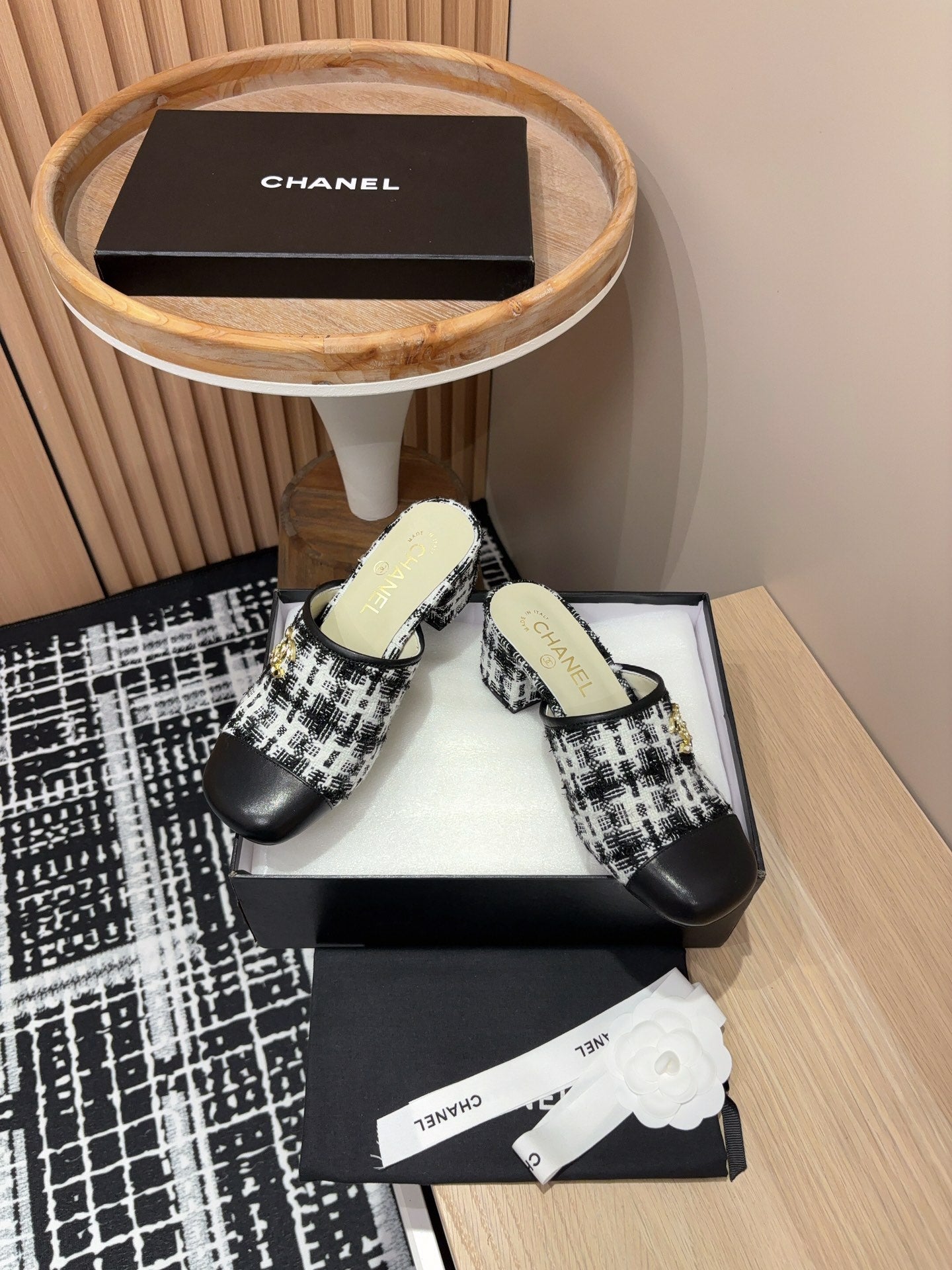 CC Mule 60mm In White Mix Black Wool Tweed And Lambskin