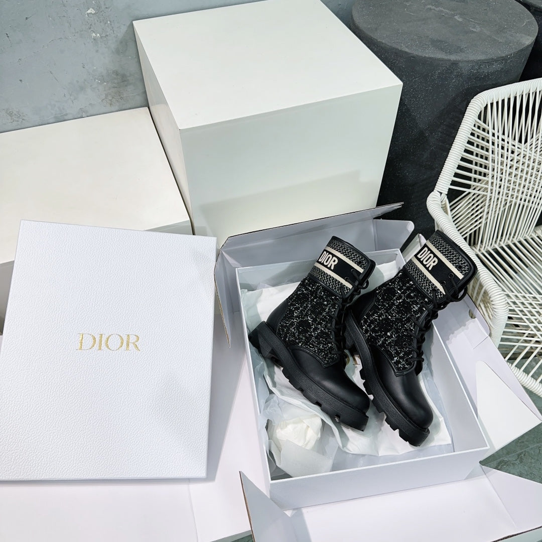 CD Major Ankle Boots Black White Calfskin And Fabric Canvas