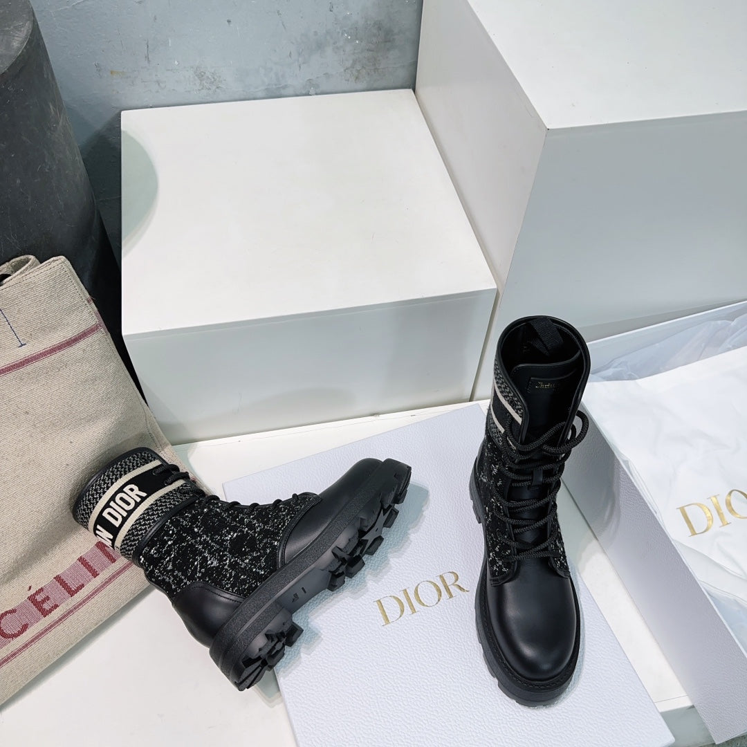 CD Major Ankle Boots Black White Calfskin And Fabric Canvas