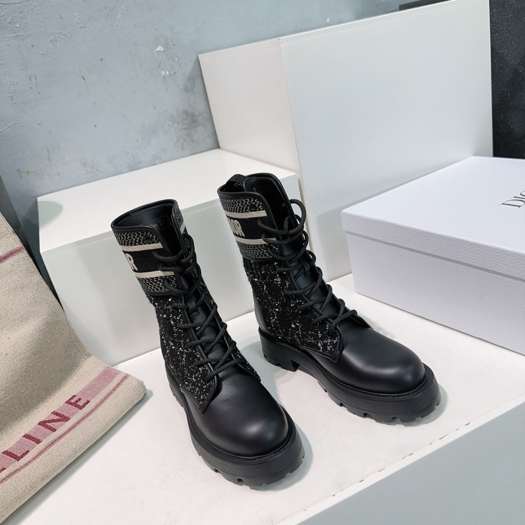 CD Major Ankle Boots Black White Calfskin And Fabric Canvas