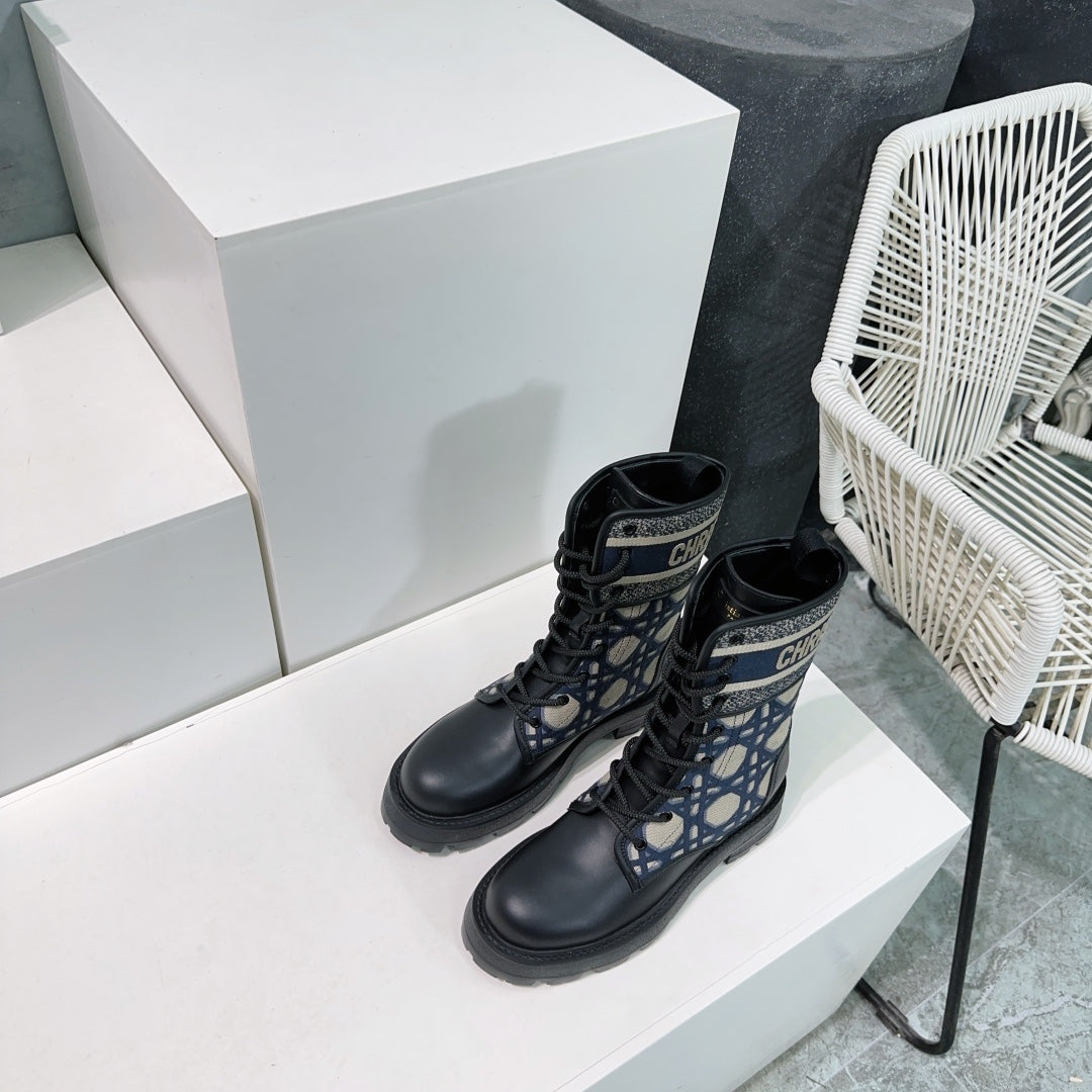 CD Major Ankle Boots Black Navy Blue Calfskin And Fabric Canvas