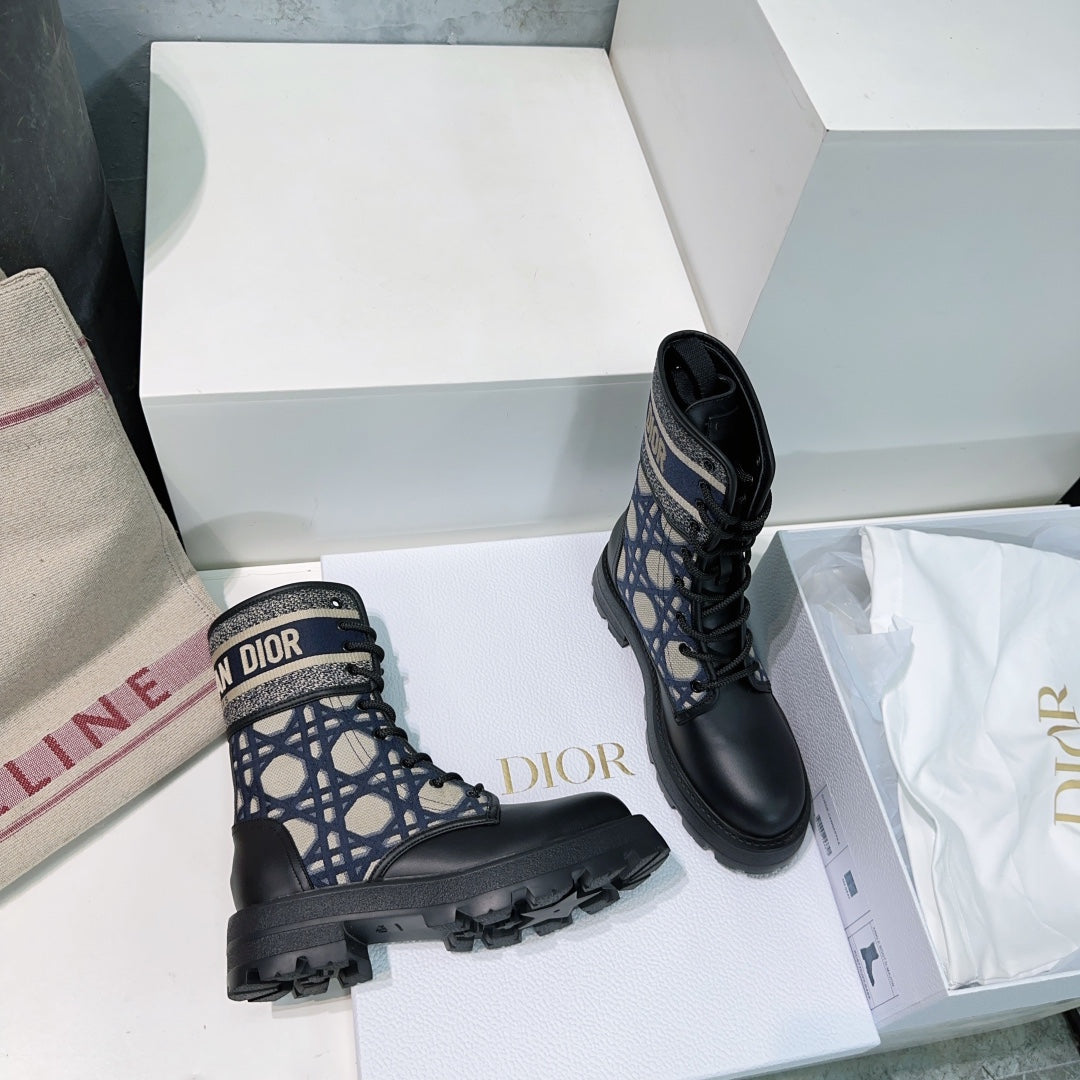 CD Major Ankle Boots Black Navy Blue Calfskin And Fabric Canvas