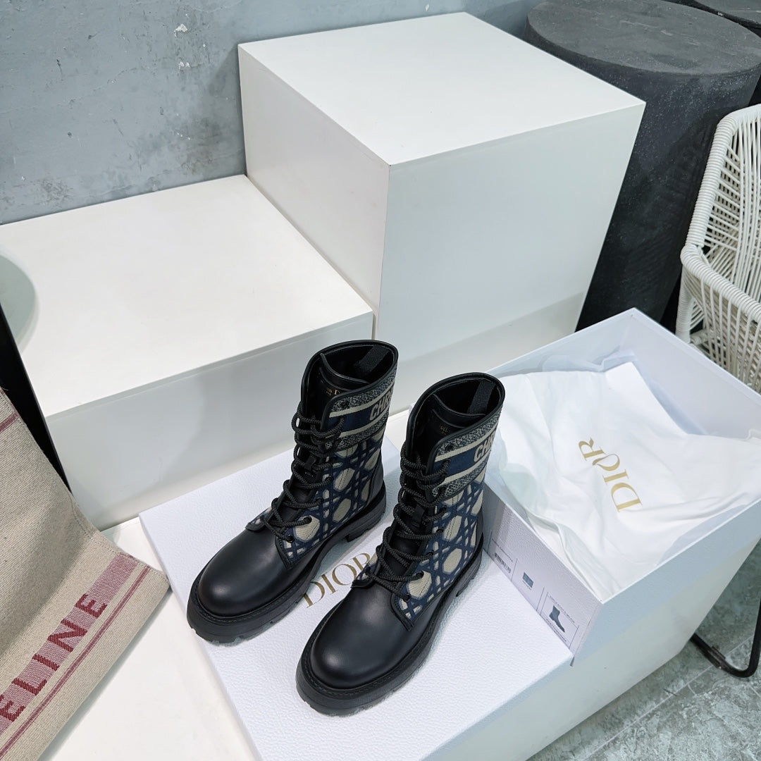 CD Major Ankle Boots Black Navy Blue Calfskin And Fabric Canvas