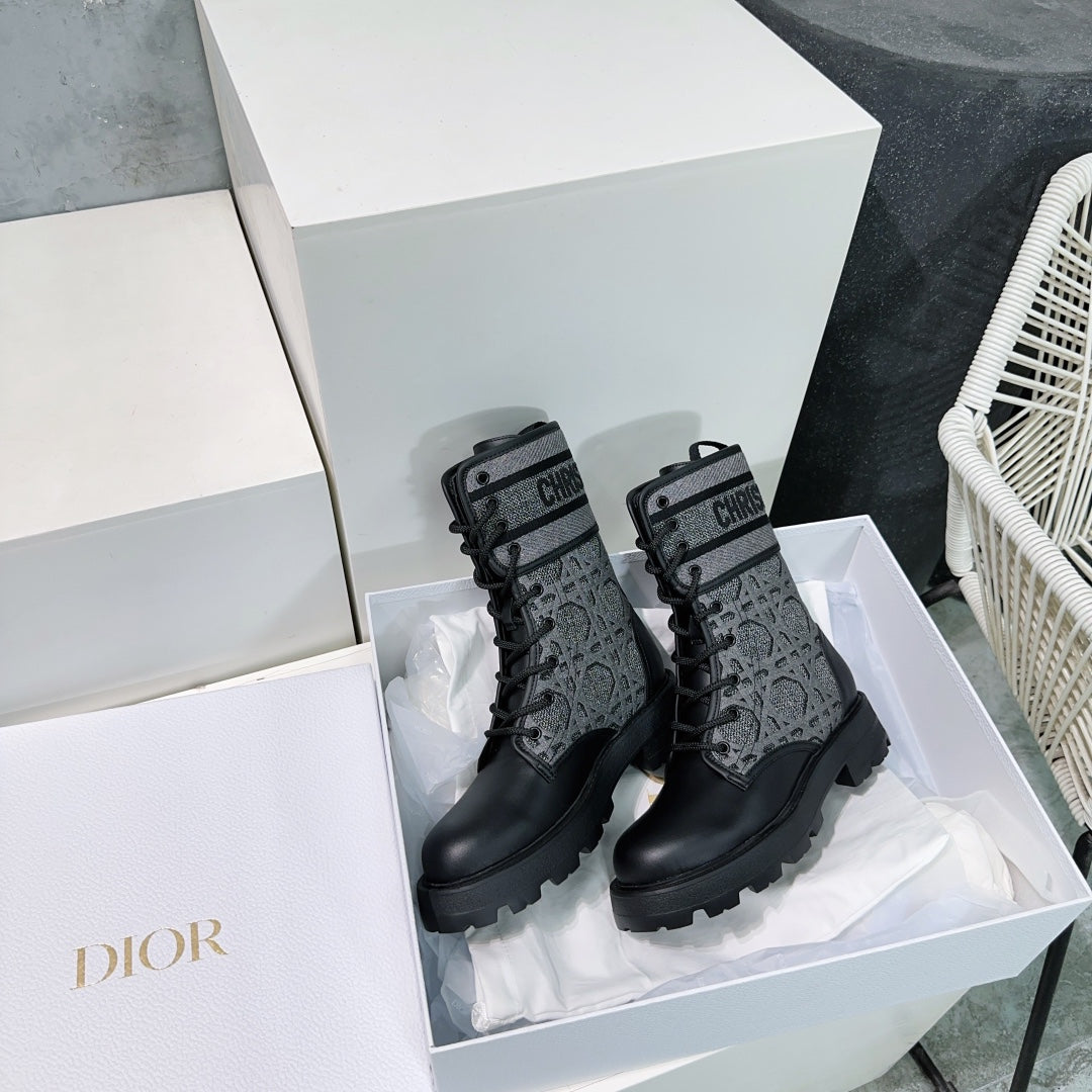 CD Major Ankle Boots Black Grey Calfskin And Fabric Canvas