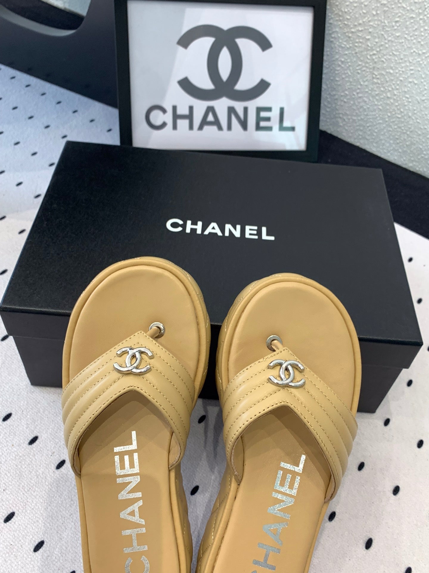 CC Thong Slippers In Dark Beige Lambskin 147050