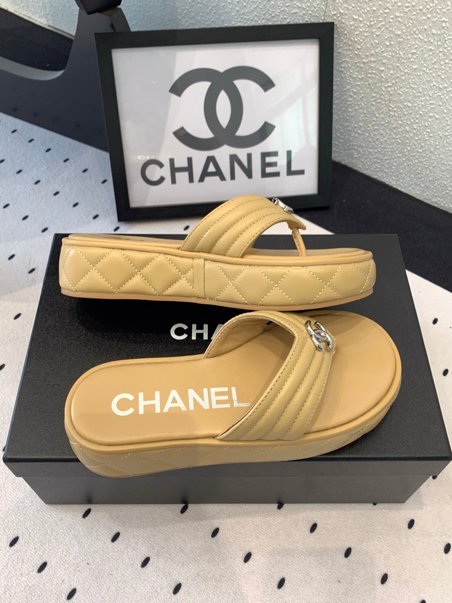 CC Thong Slippers In Dark Beige Lambskin 147050