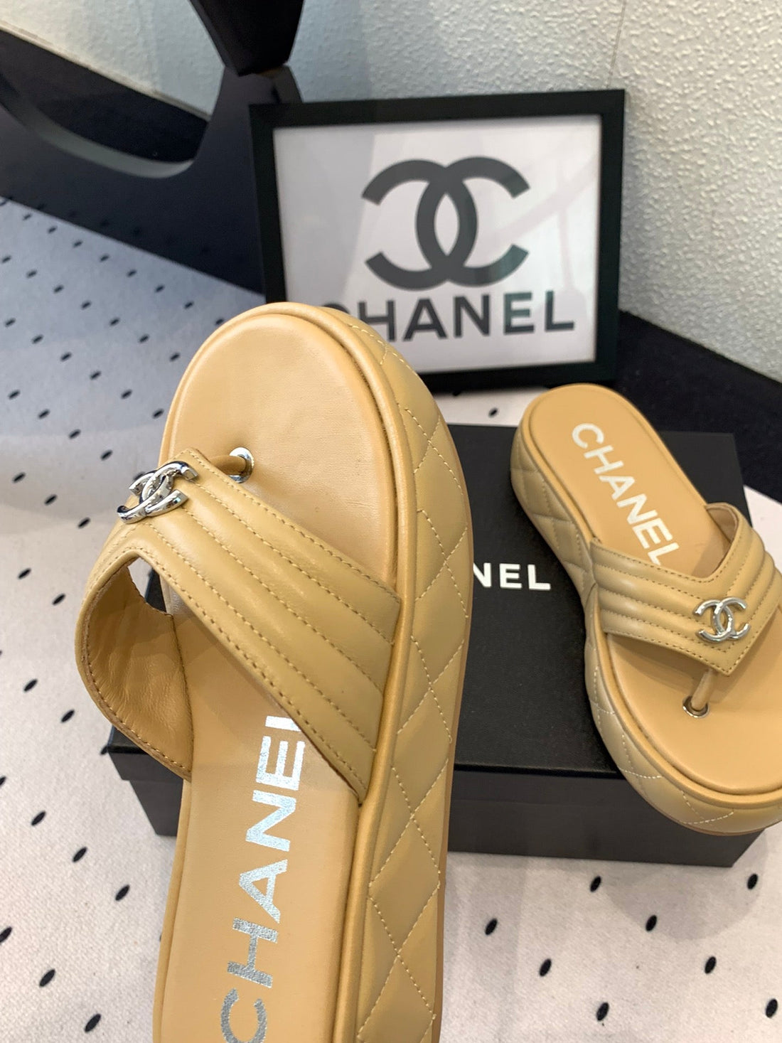 CC Thong Slippers In Dark Beige Lambskin 147050