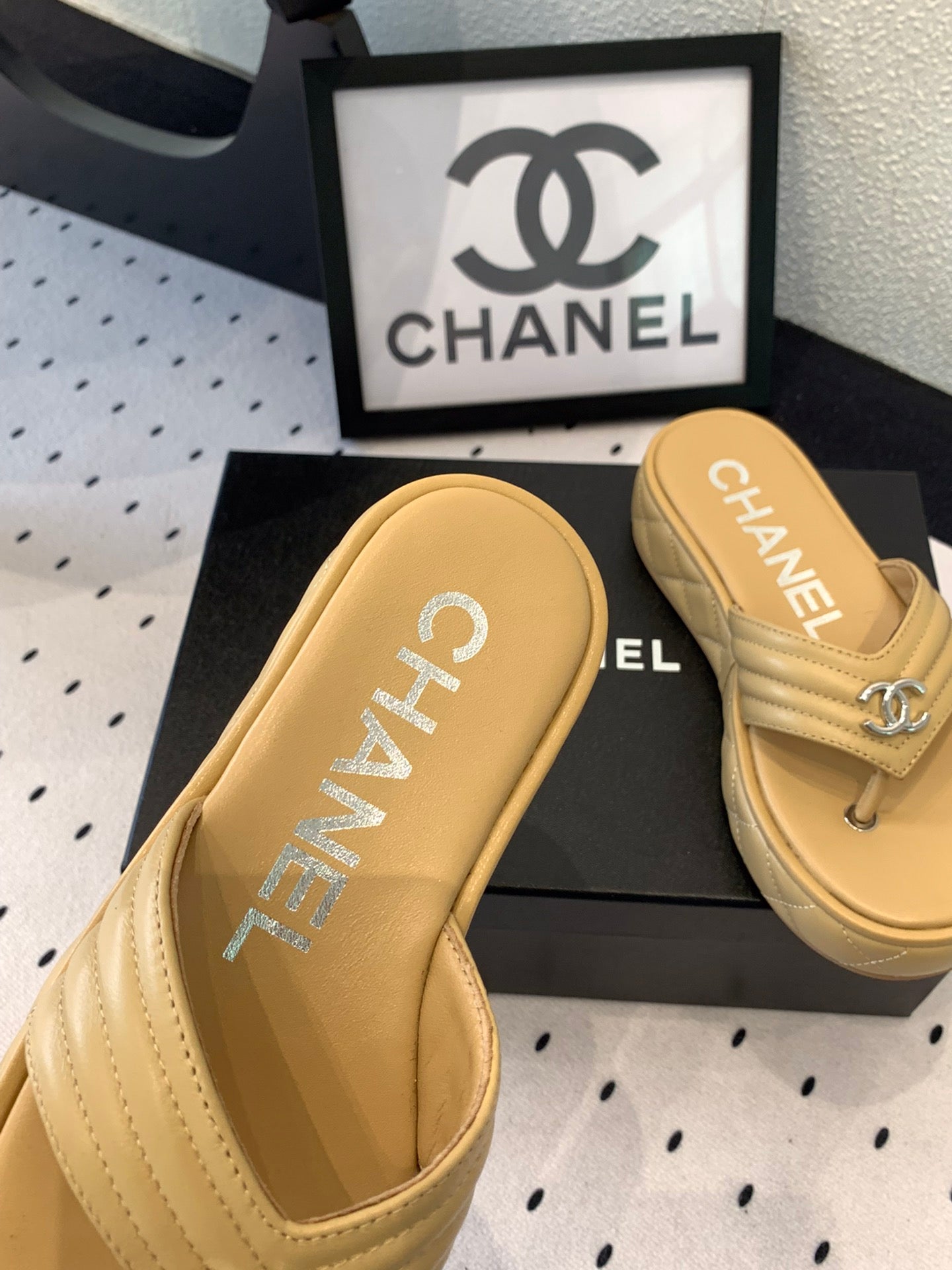 CC Thong Slippers In Dark Beige Lambskin 147050