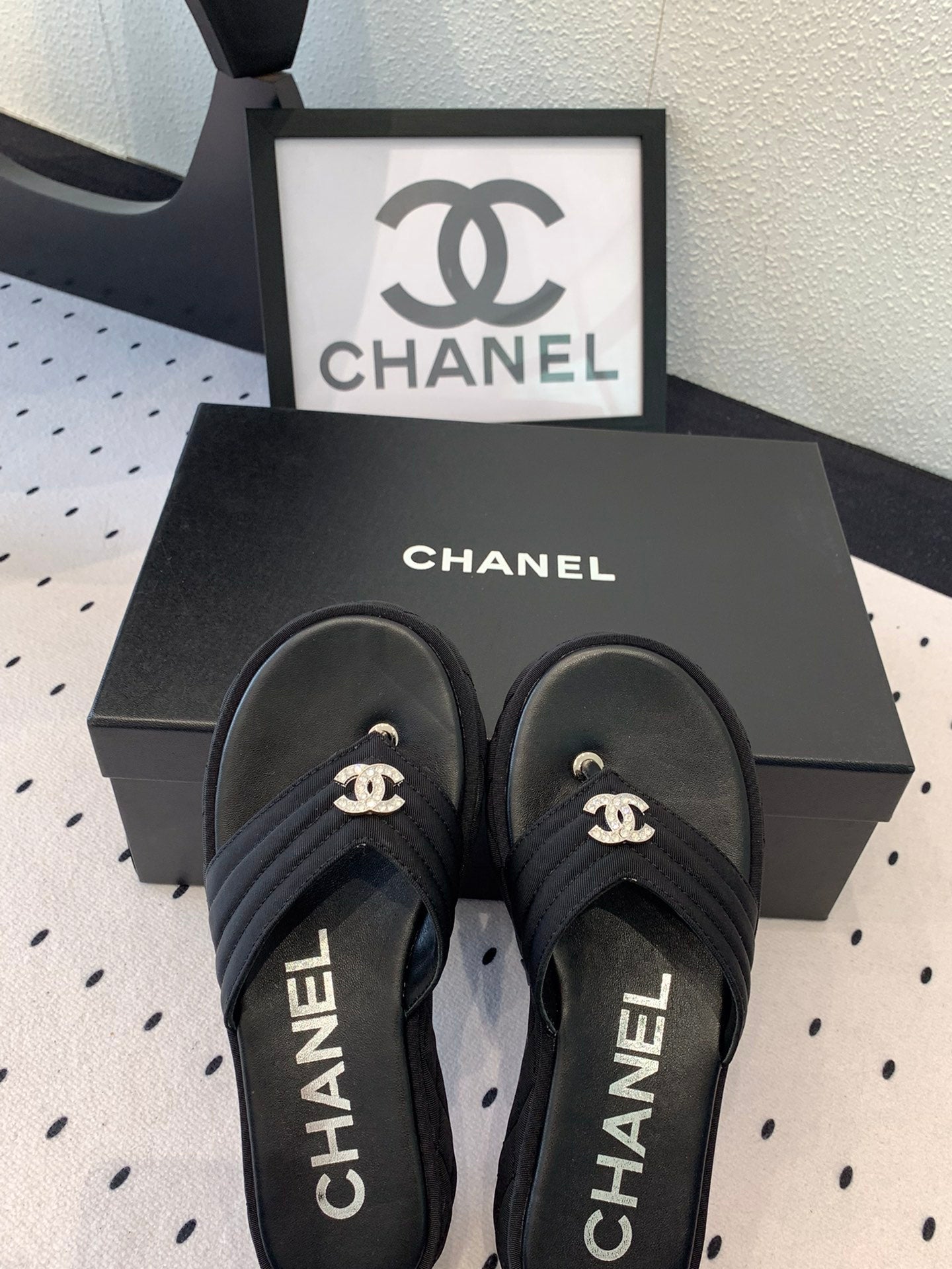 CC Thong Slippers In Black Denim Fabric 147053