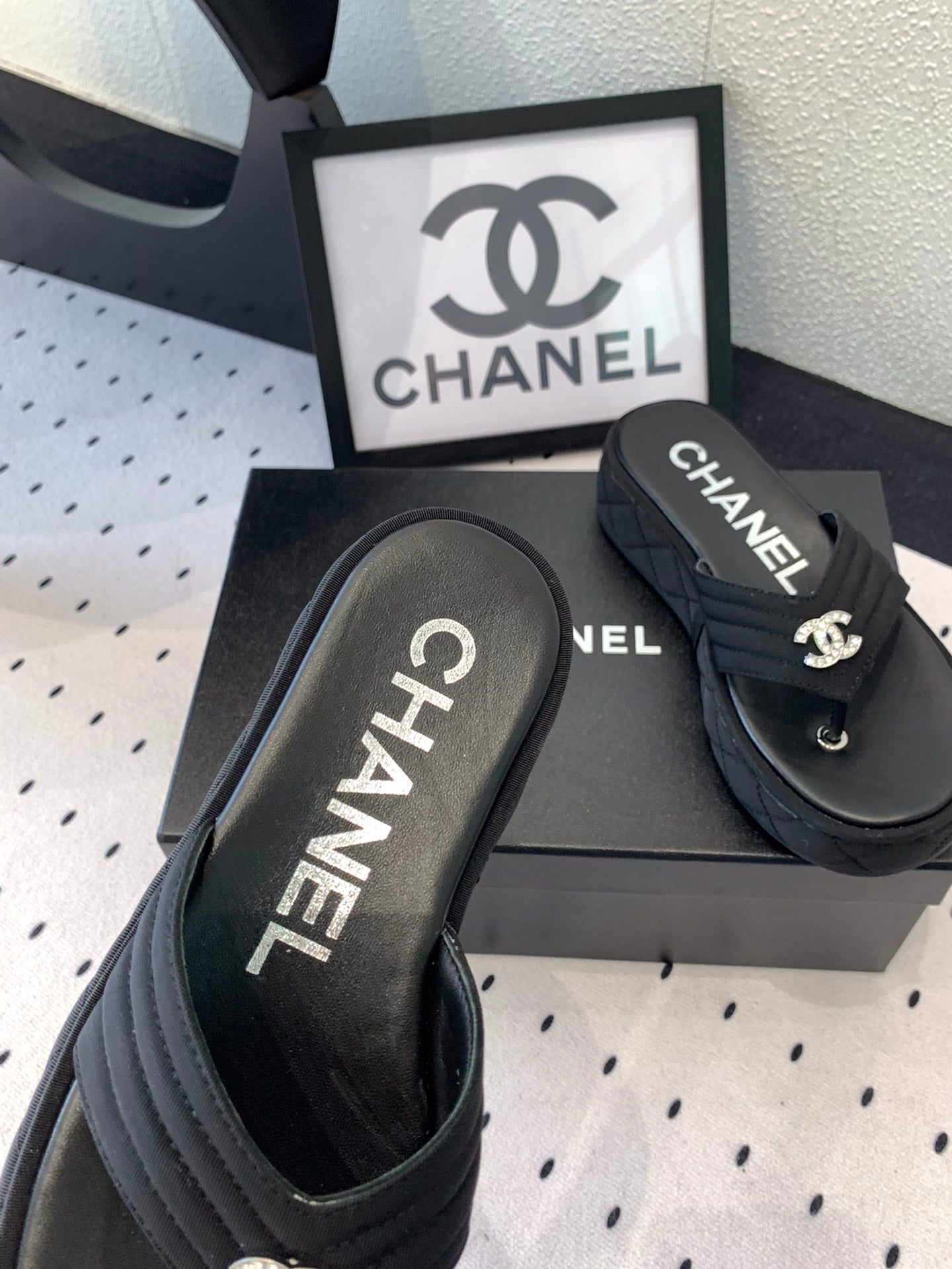 CC Thong Slippers In Black Denim Fabric 147053