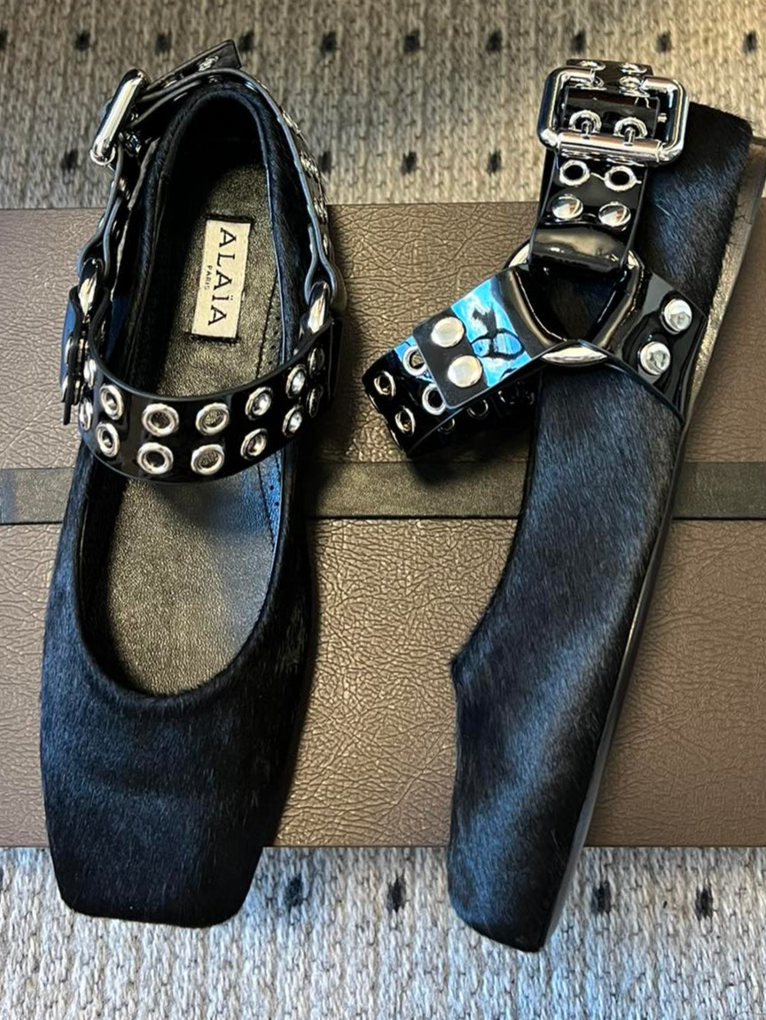 Alaia 25 Biker Ballet Flats Black Horsehair Sheepskin 303729