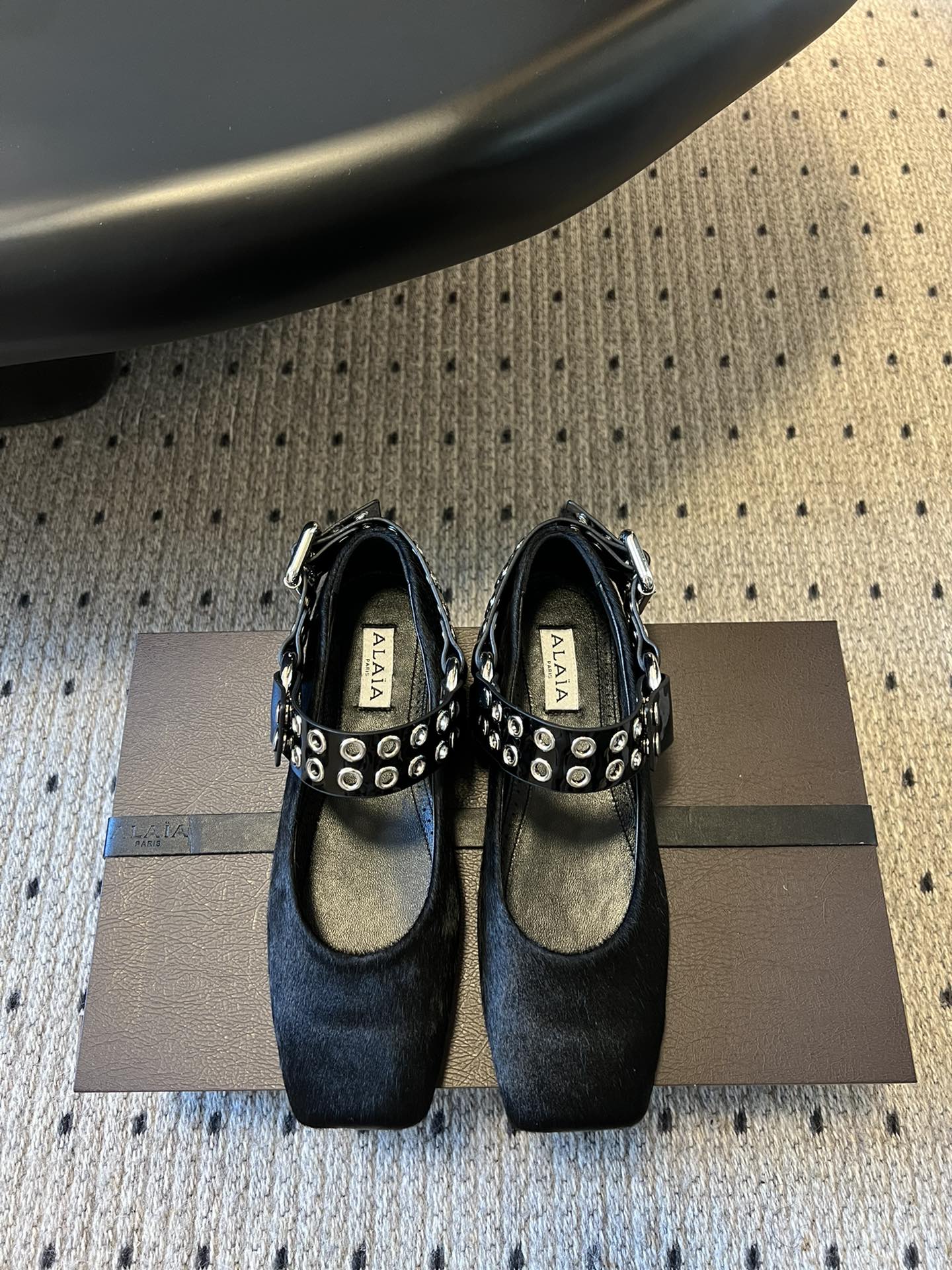 Alaia 25 Biker Ballet Flats Black Horsehair Sheepskin 303729