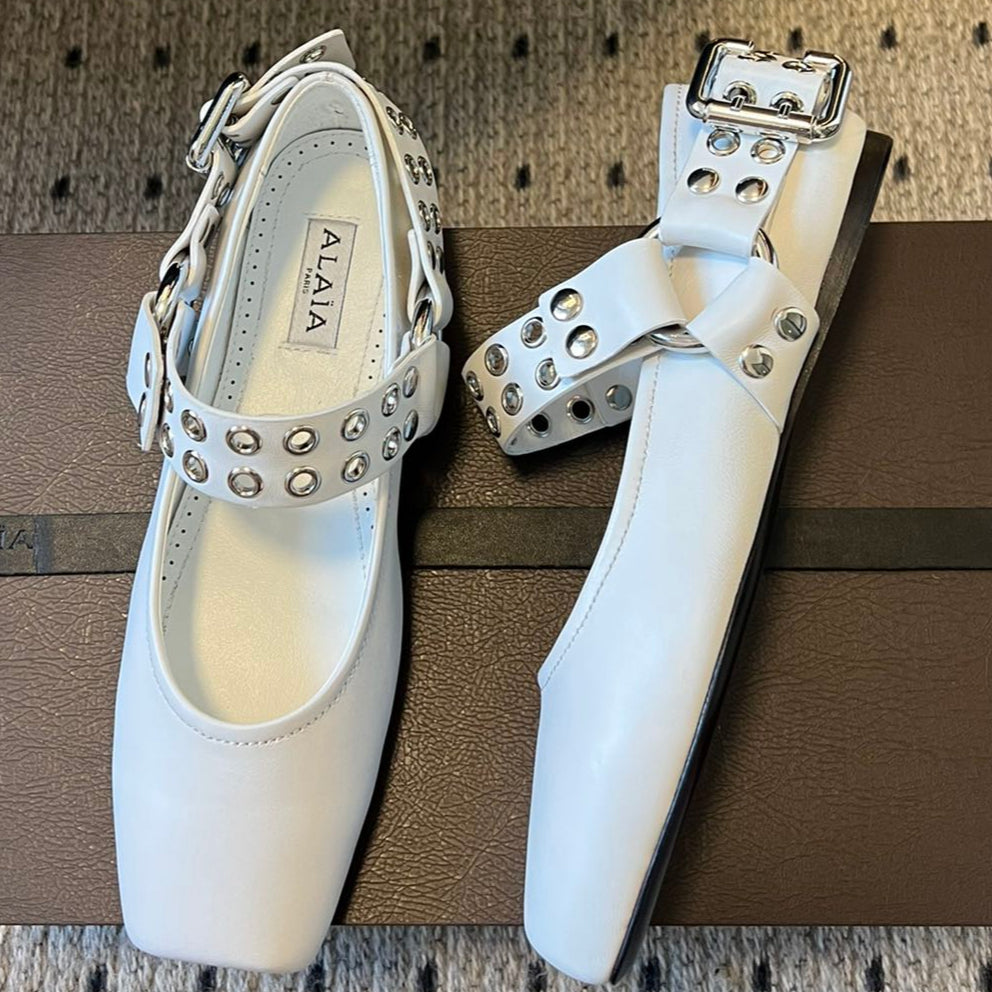 Alaia 25 Biker Ballet Flats White Calfskin 303734