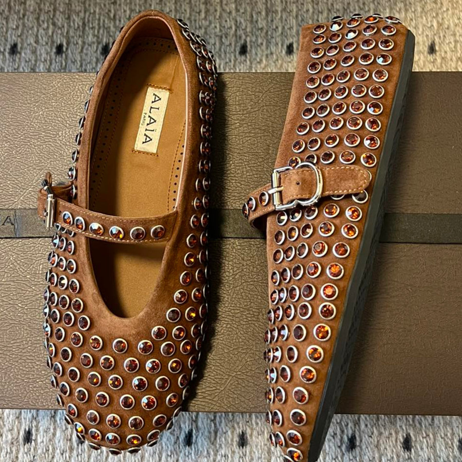 Alaia 25 Strass Ballet Flats Brown Suede Goatskin 303723