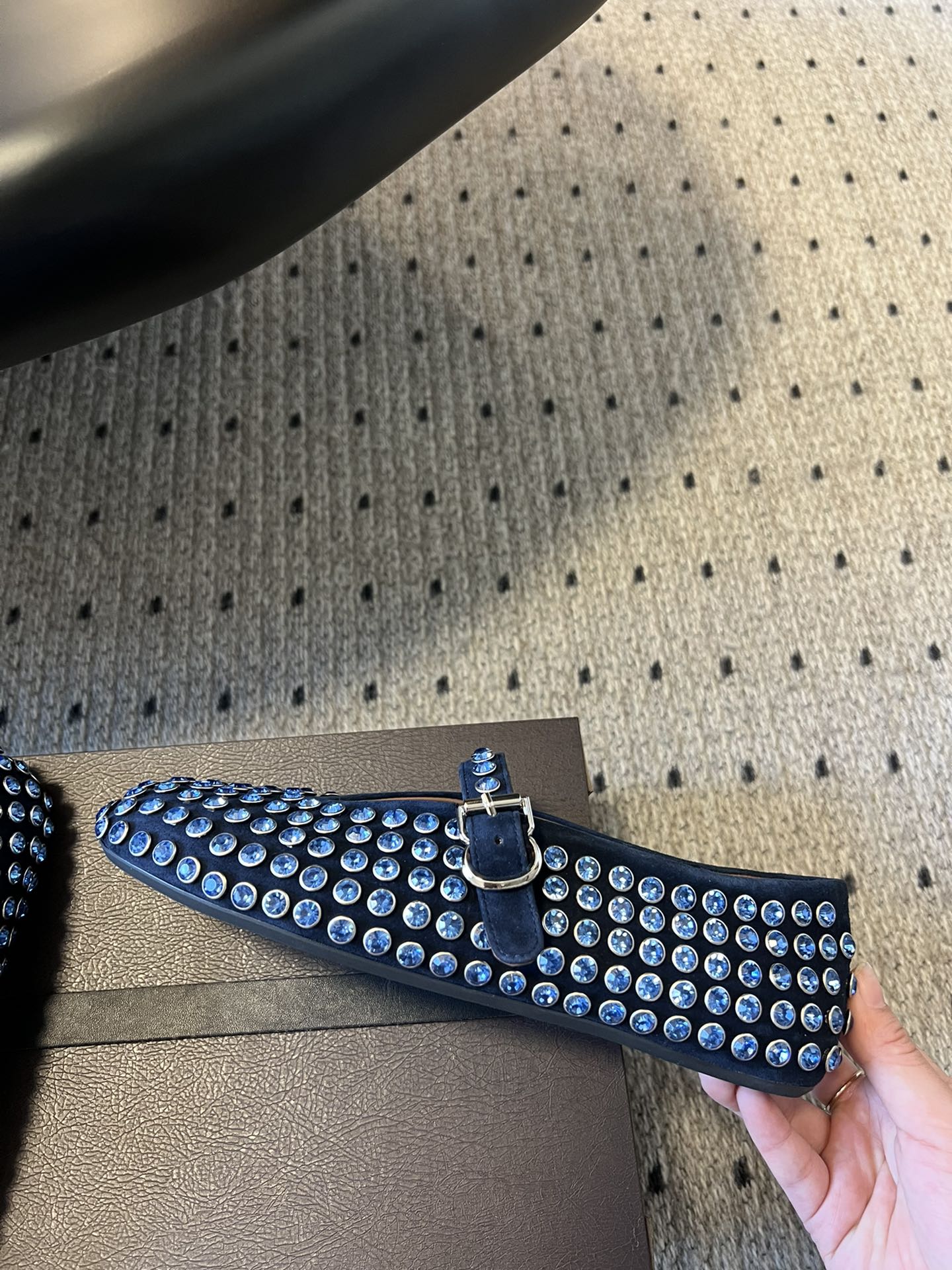 Alaia 25 Strass Ballet Flats Navy Blue Suede Goatskin 303724