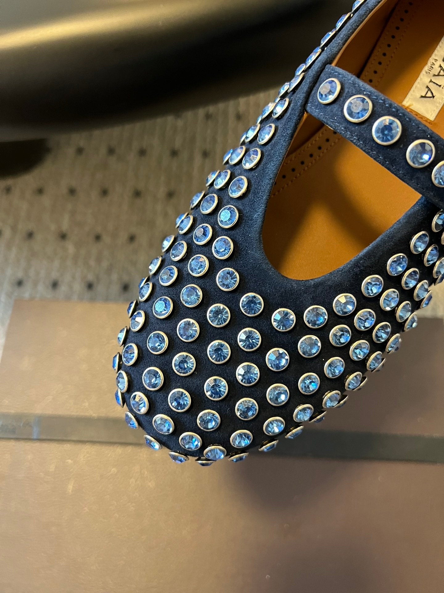 Alaia 25 Strass Ballet Flats Navy Blue Suede Goatskin 303724