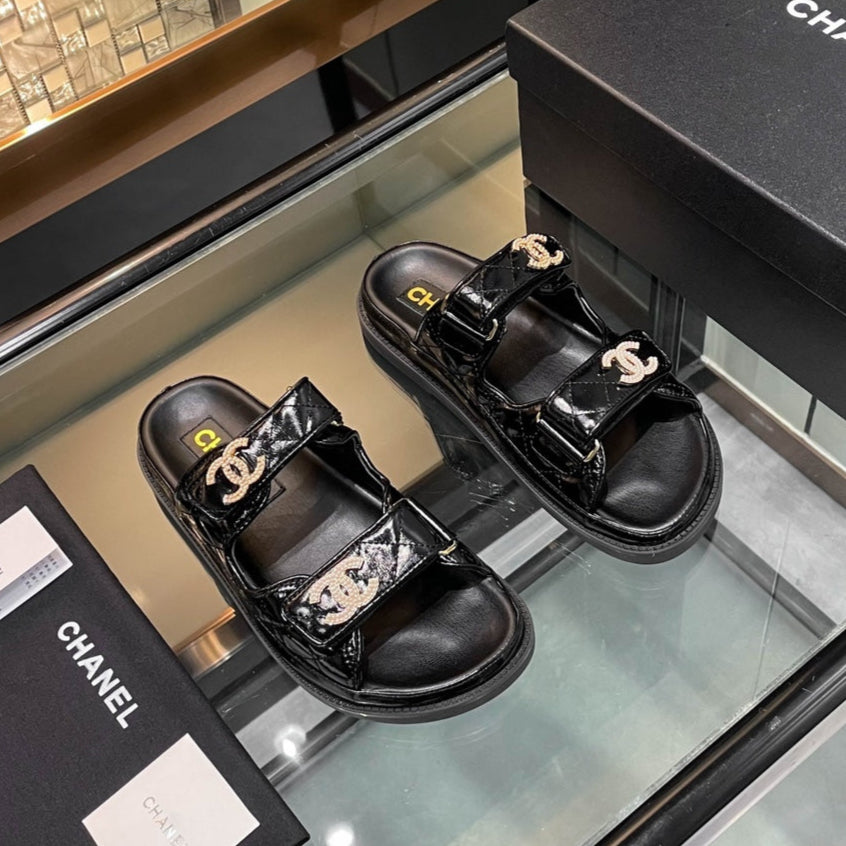 CC 25S Dad Sandal Mule Black Patent Calfskin