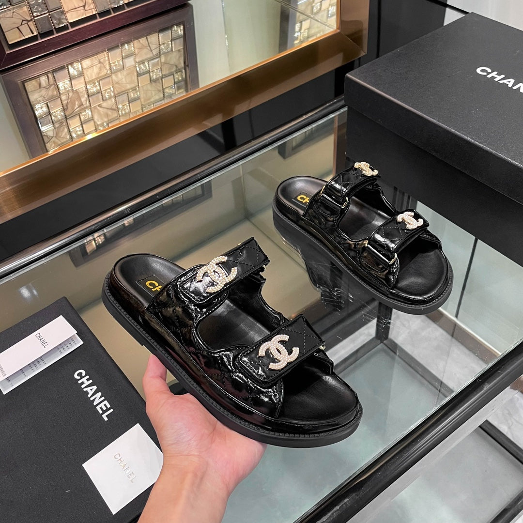 CC 25S Dad Sandal Mule Black Patent Calfskin