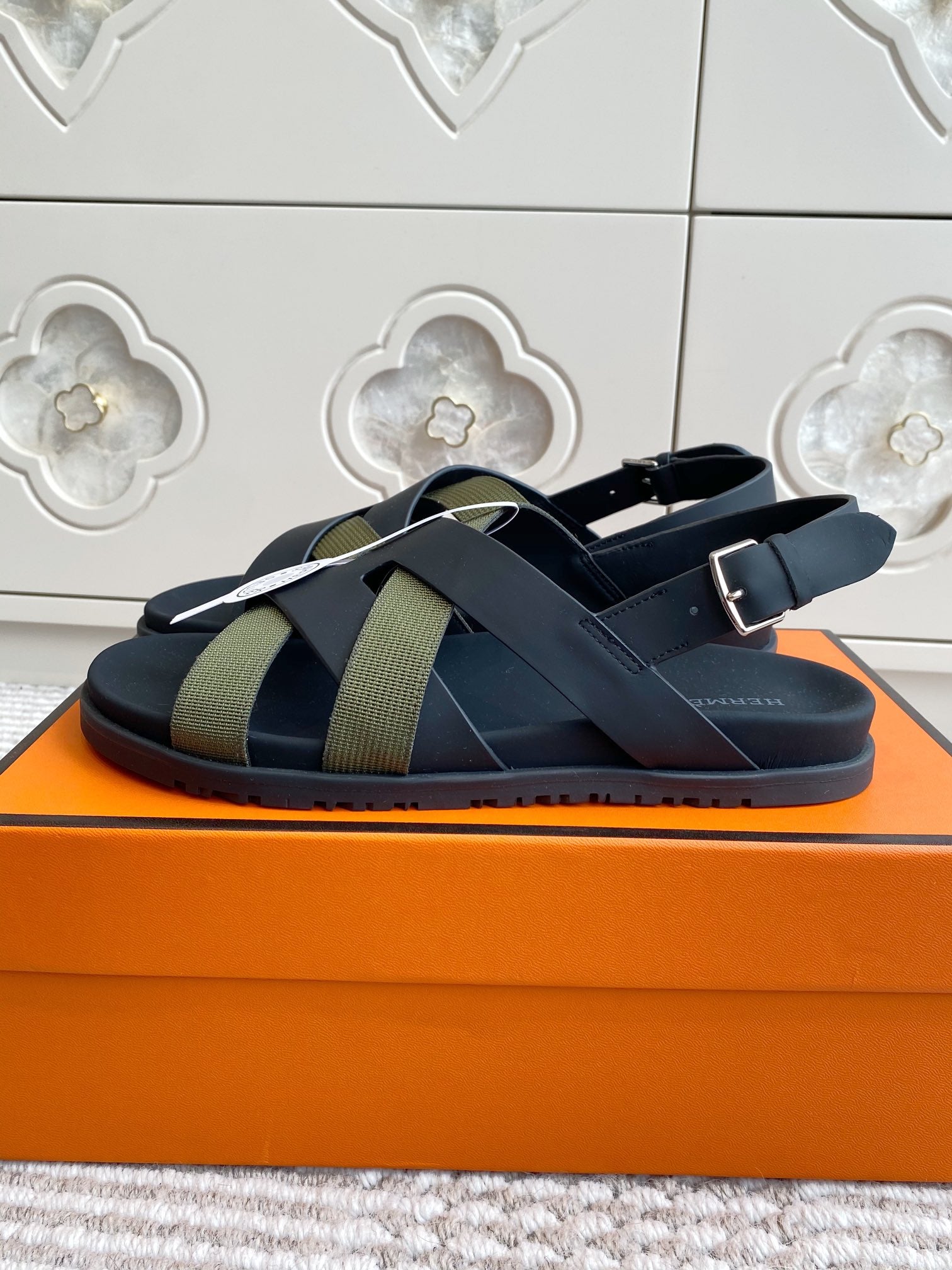 HM Heracles Sandals Black Army Green Calfskin 291450