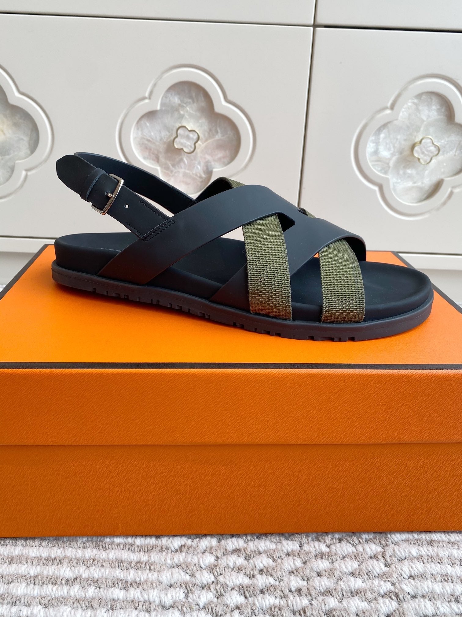 HM Heracles Sandals Black Army Green Calfskin 291450