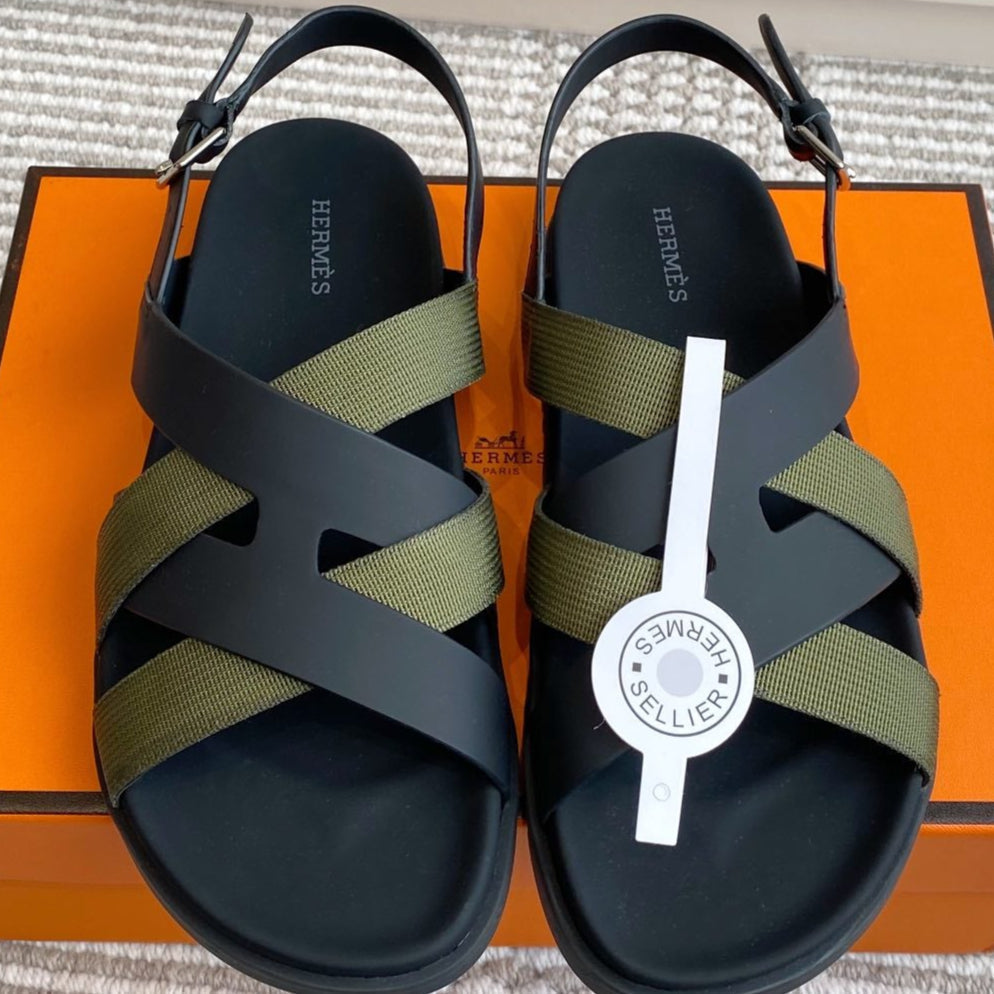 HM Heracles Sandals Black Army Green Calfskin 291450