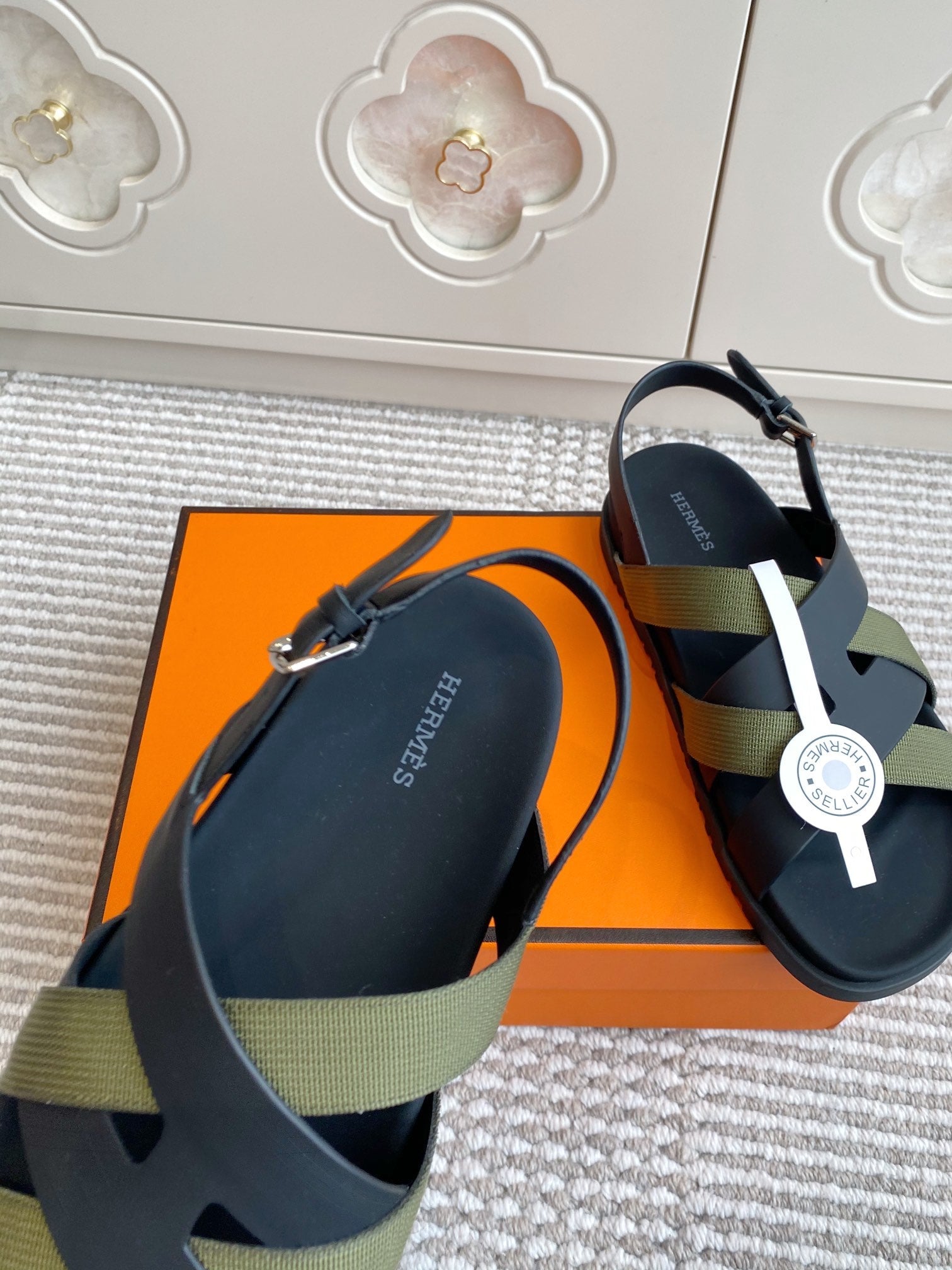 HM Heracles Sandals Black Army Green Calfskin 291450