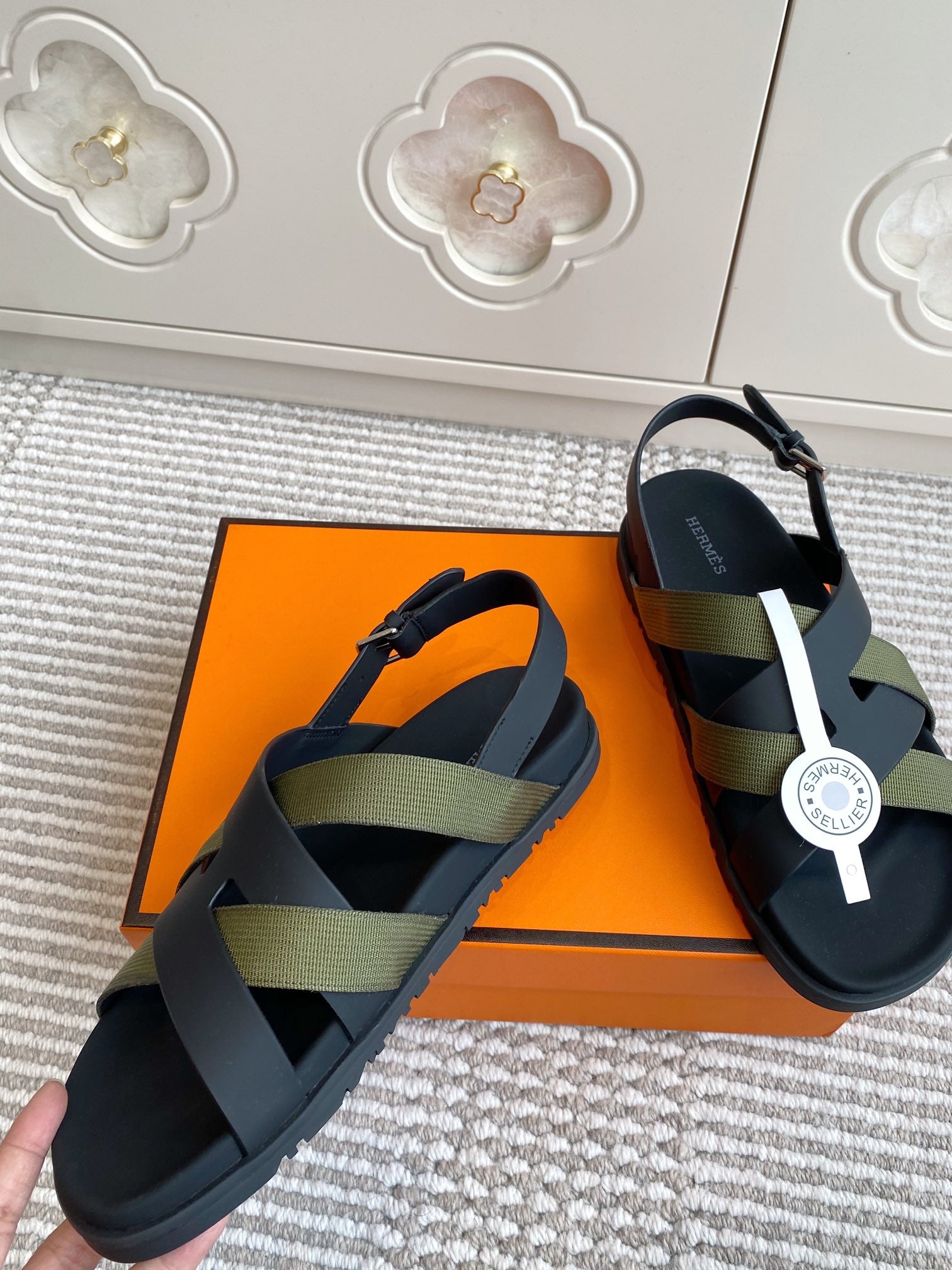 HM Heracles Sandals Black Army Green Calfskin 291450