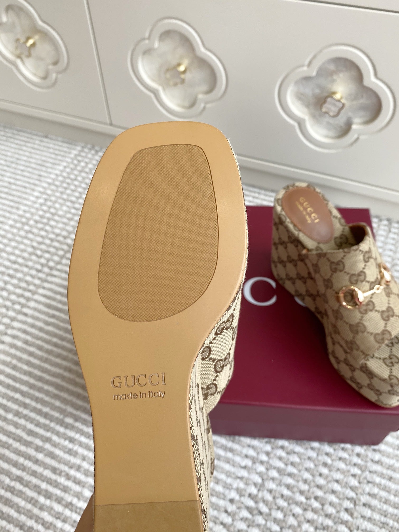 GC 25 Wedge With Horsebit Sandal Beige and Dark Brown Canvas 291029