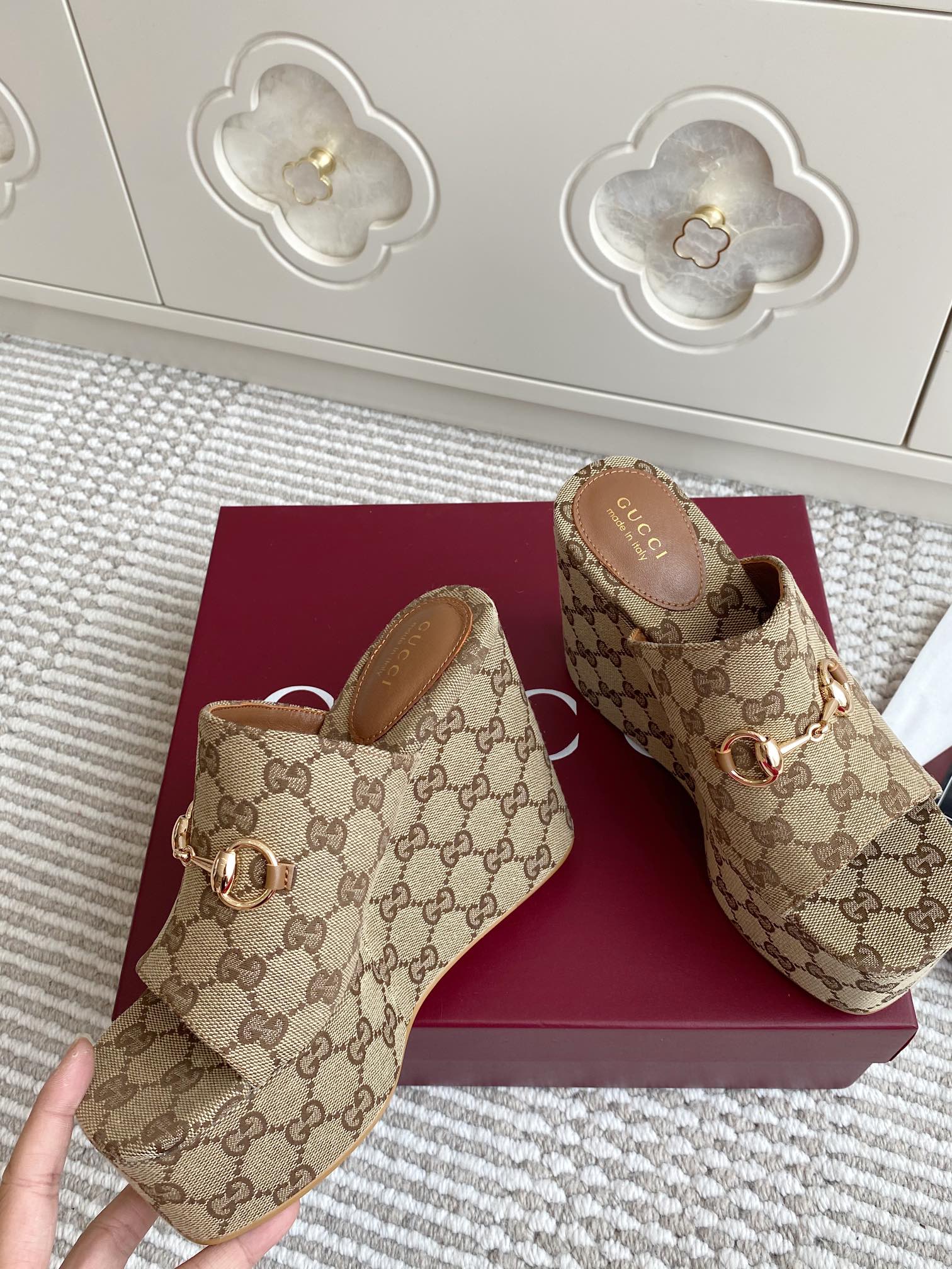 GC 25 Wedge With Horsebit Sandal Beige and Dark Brown Canvas 291029