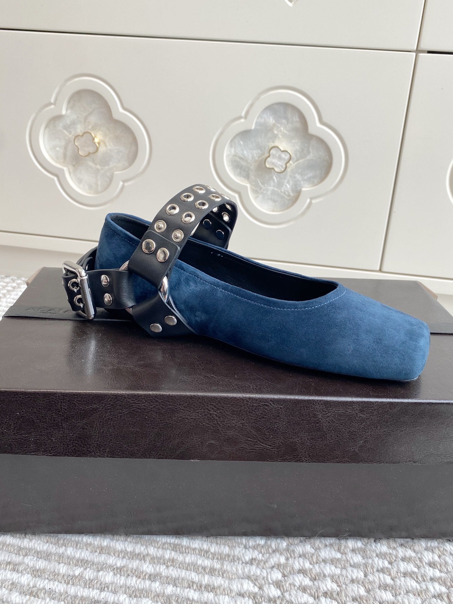 Alaia 25 Biker Ballet Flats Blue Suede  291056