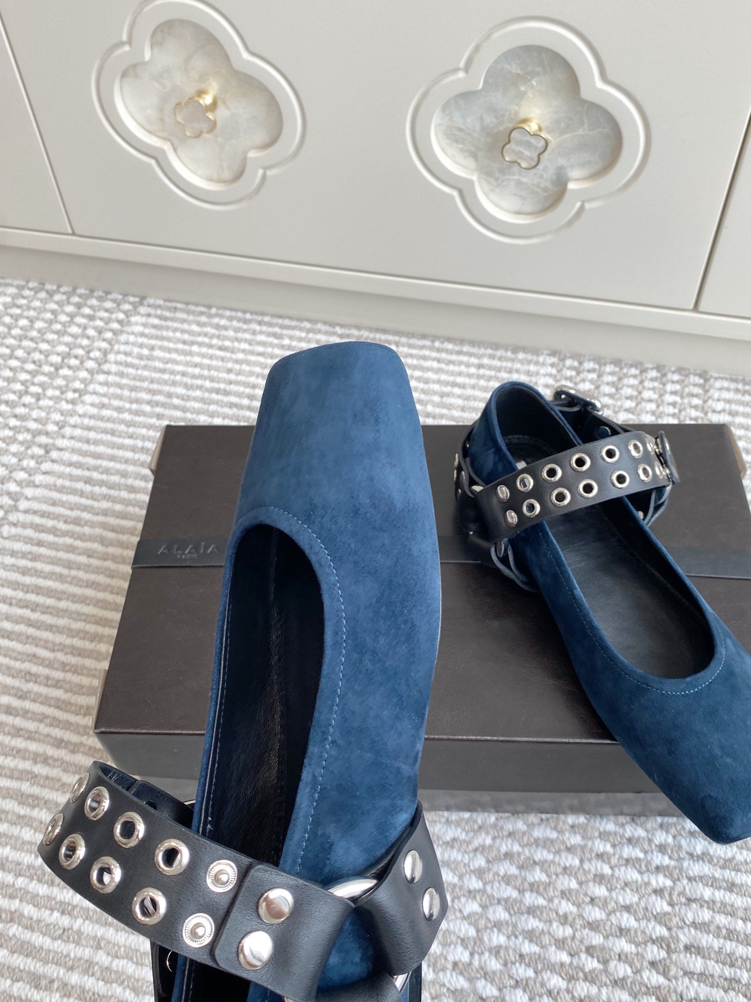 Alaia 25 Biker Ballet Flats Blue Suede  291056