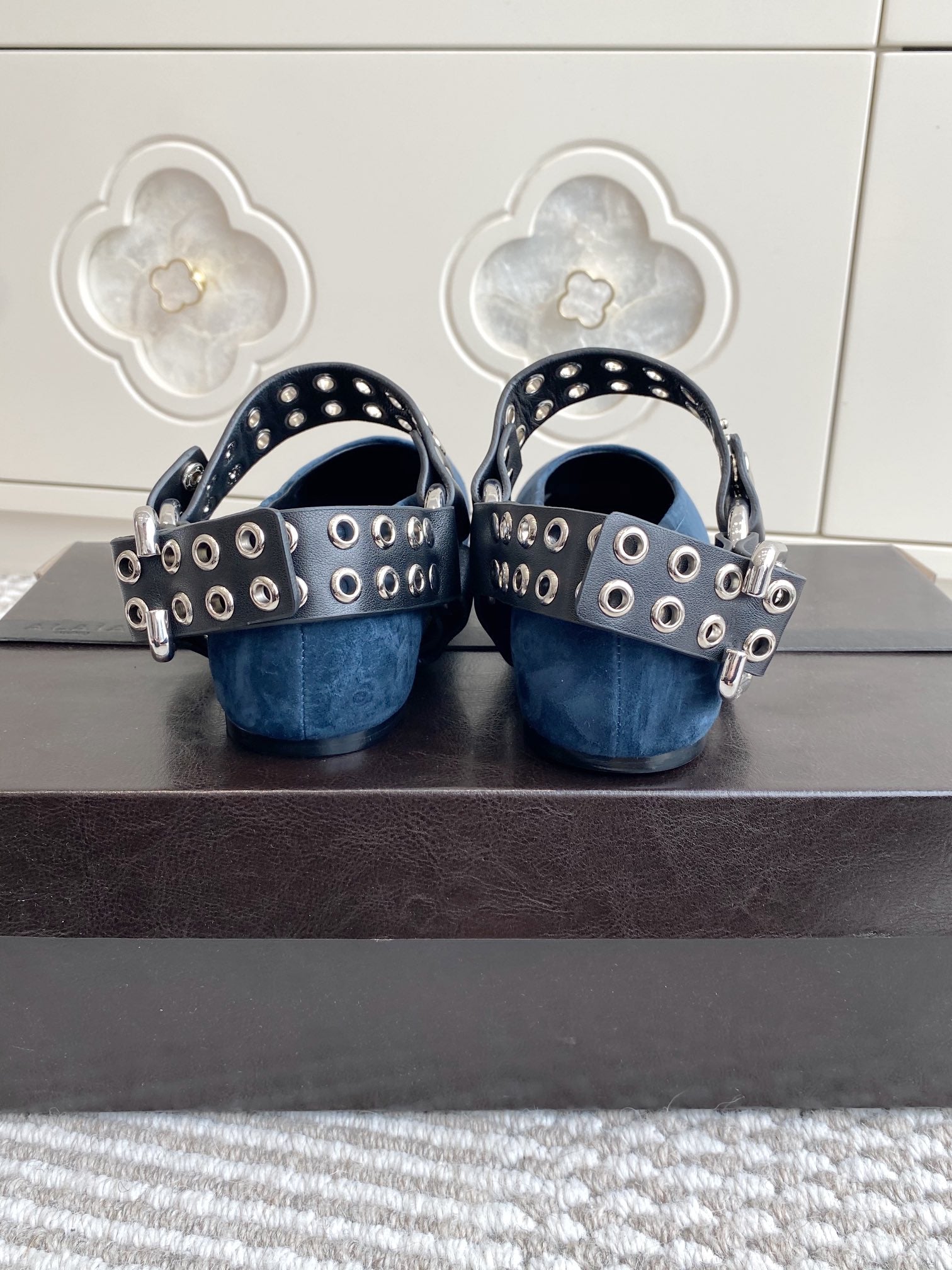 Alaia 25 Biker Ballet Flats Blue Suede  291056