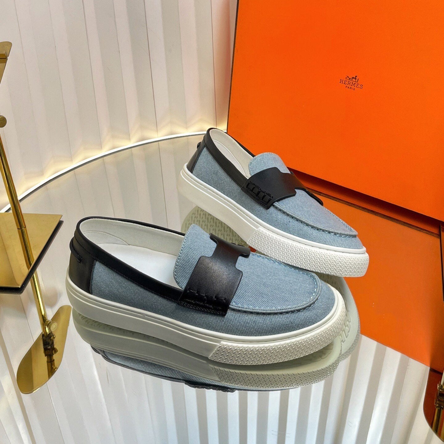 HM Denim Casual Loafer Blue Black Cowhide Cloth 317067