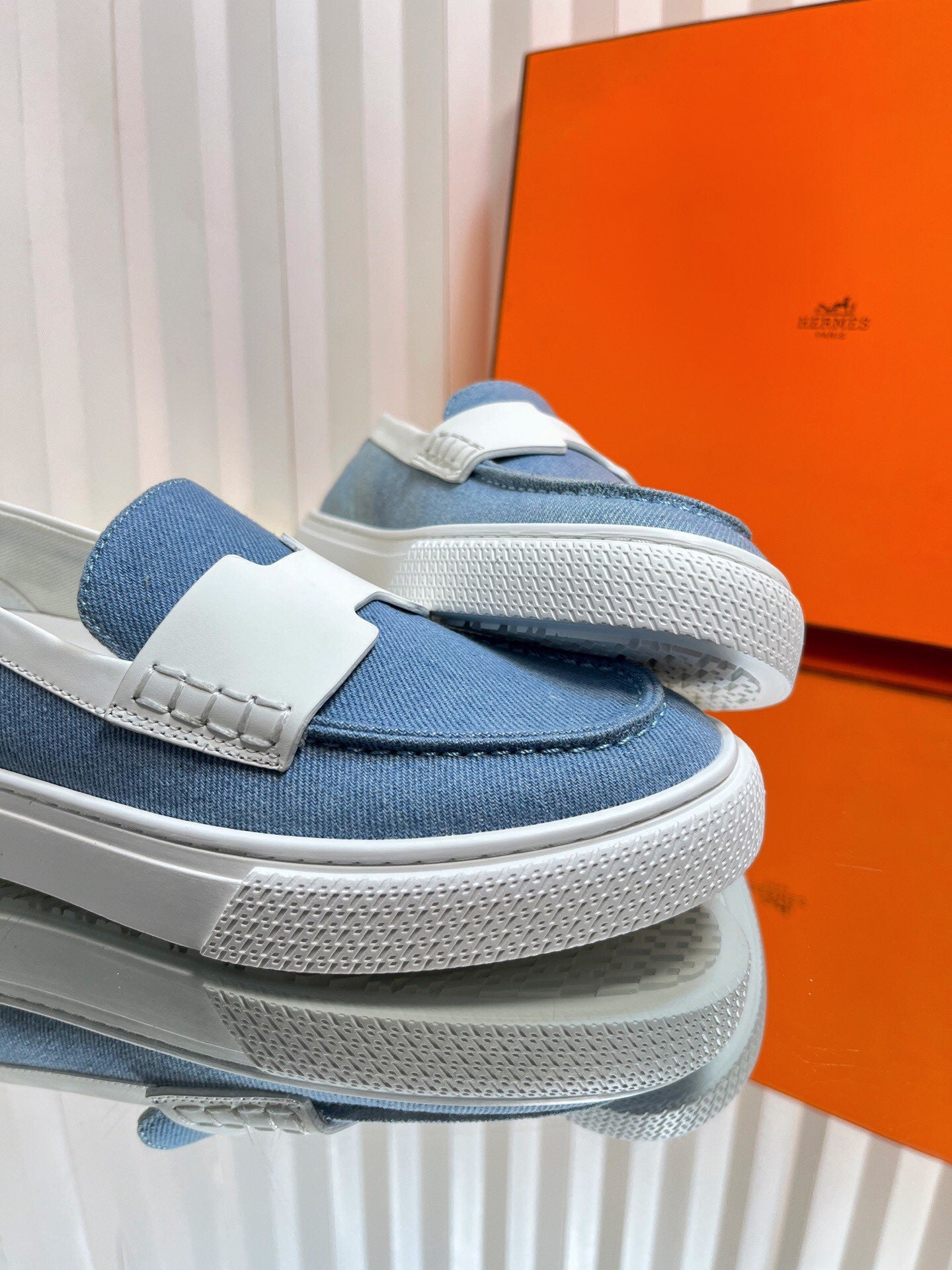 HM Denim Casual Loafer Blue White Cowhide Cloth 317068