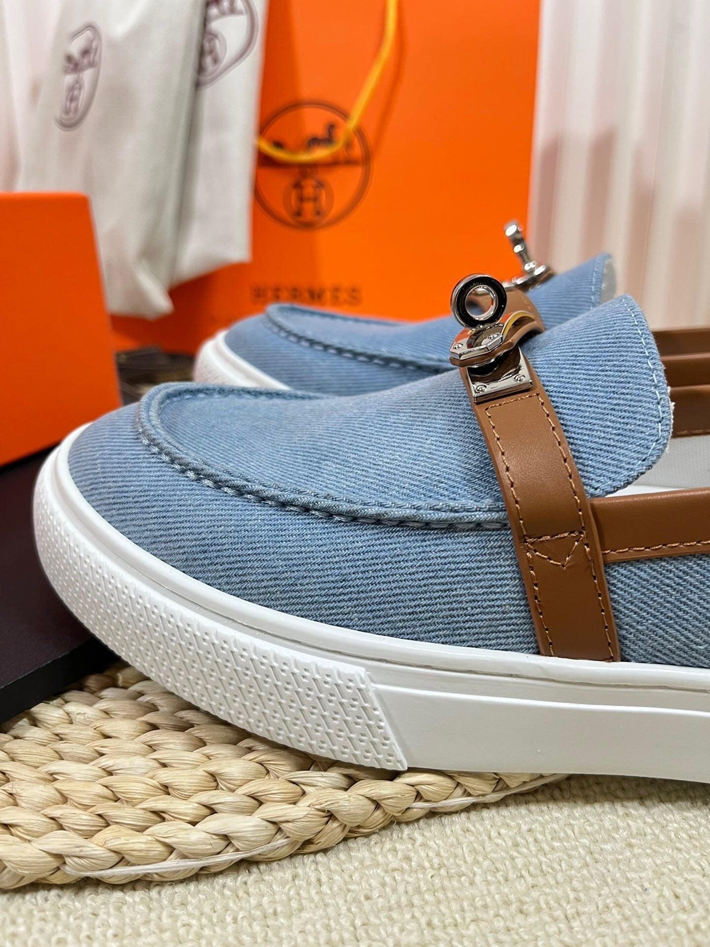 HM Denim Loafer Blue Brown Cowhide Cloth 317047