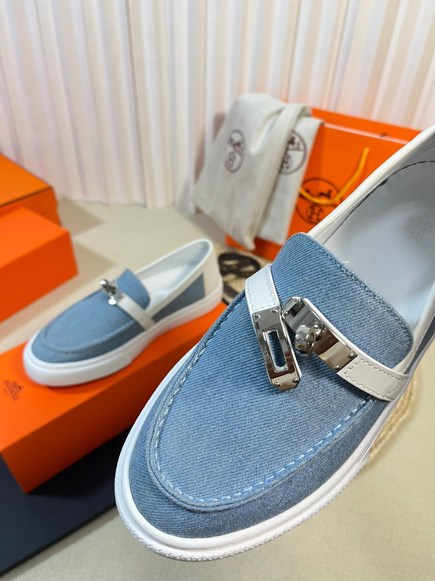 HM Denim Loafer Blue White Cowhide Cloth 317048