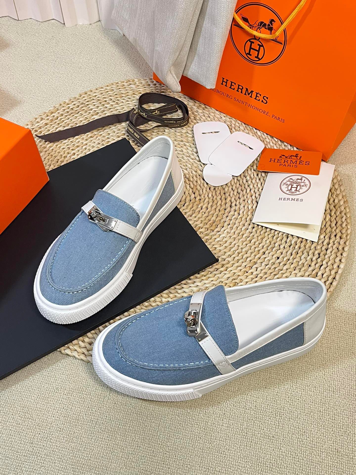 HM Denim Loafer Blue White Cowhide Cloth 317048