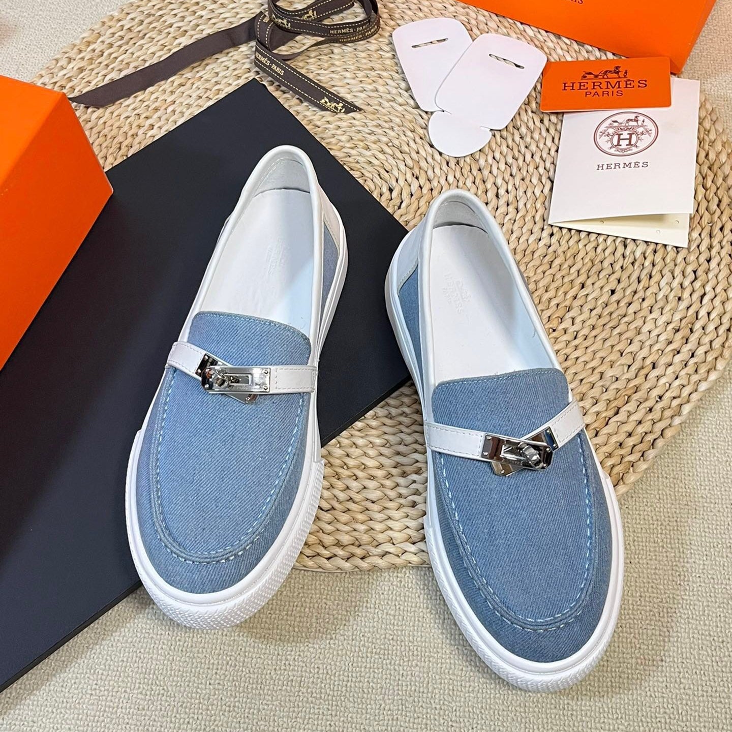 HM Denim Loafer Blue White Cowhide Cloth 317048