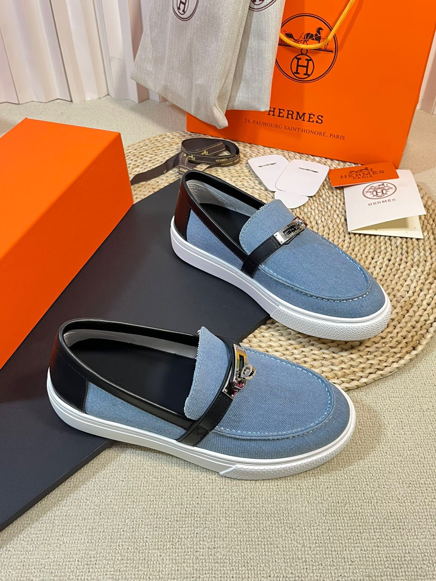 HM Denim Loafer Blue Black Cowhide Cloth 317049