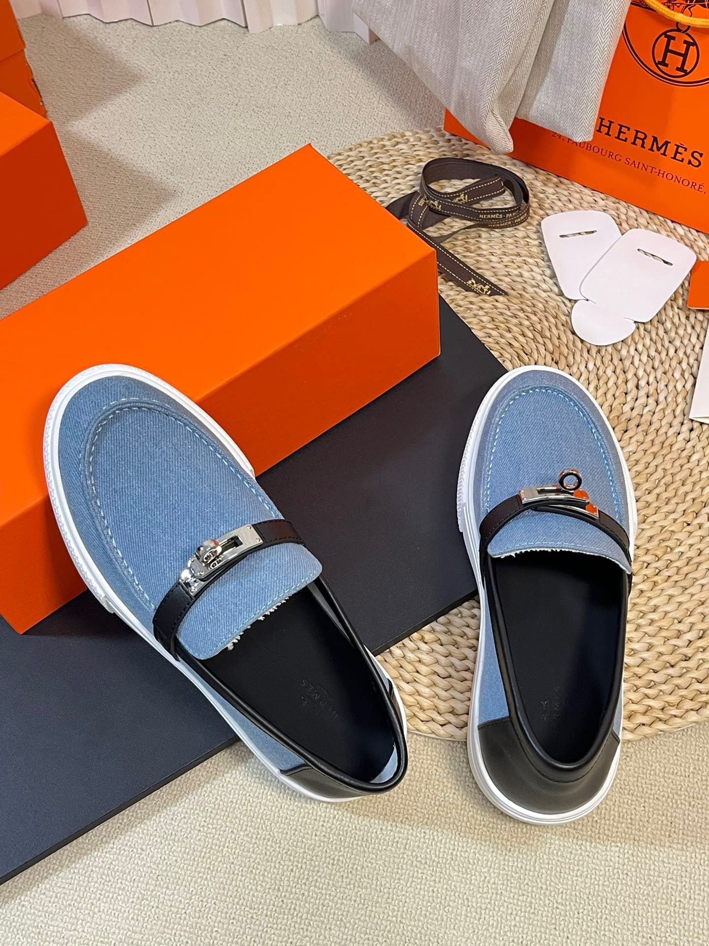 HM Denim Loafer Blue Black Cowhide Cloth 317049