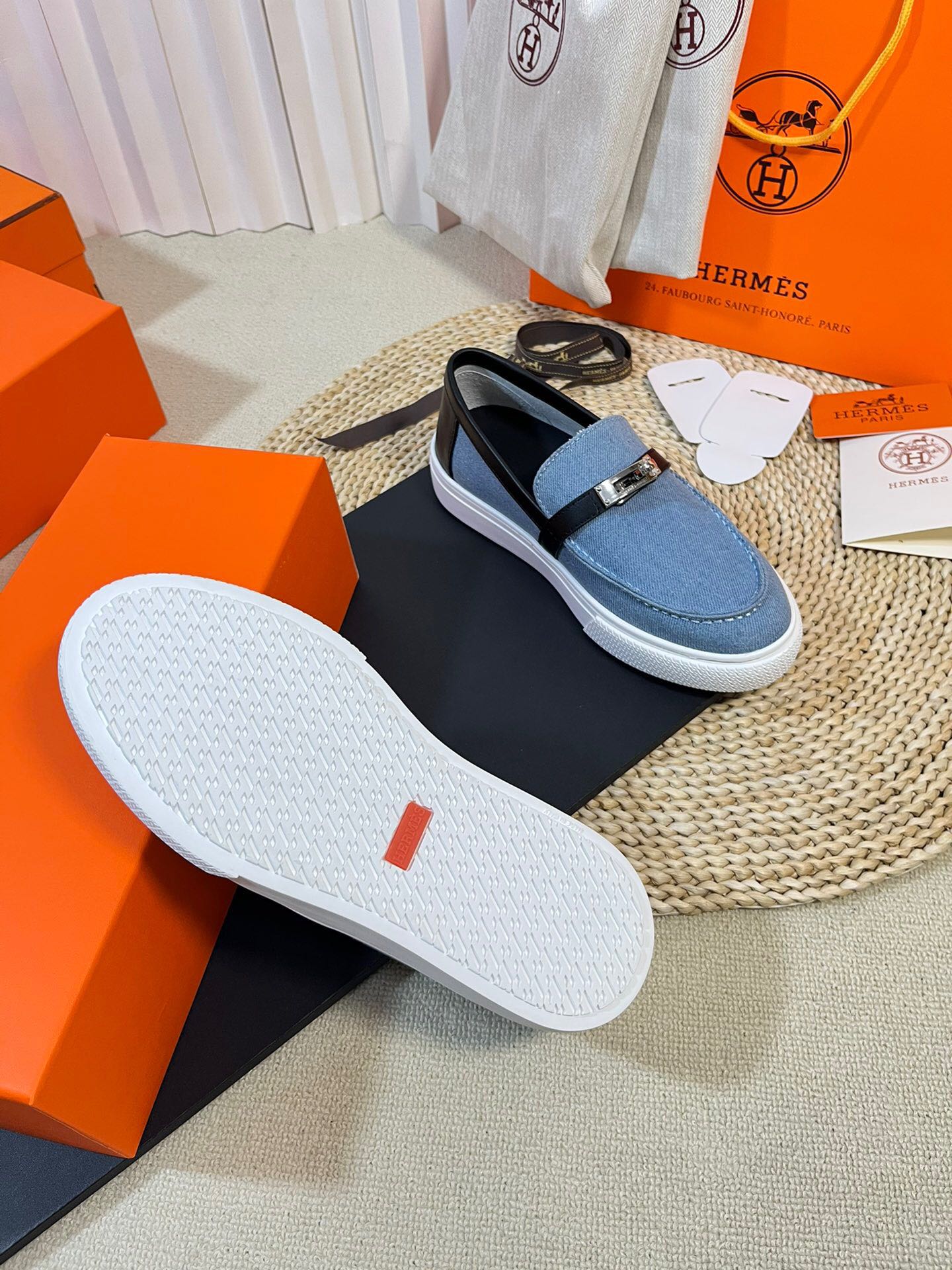 HM Denim Loafer Blue Black Cowhide Cloth 317049