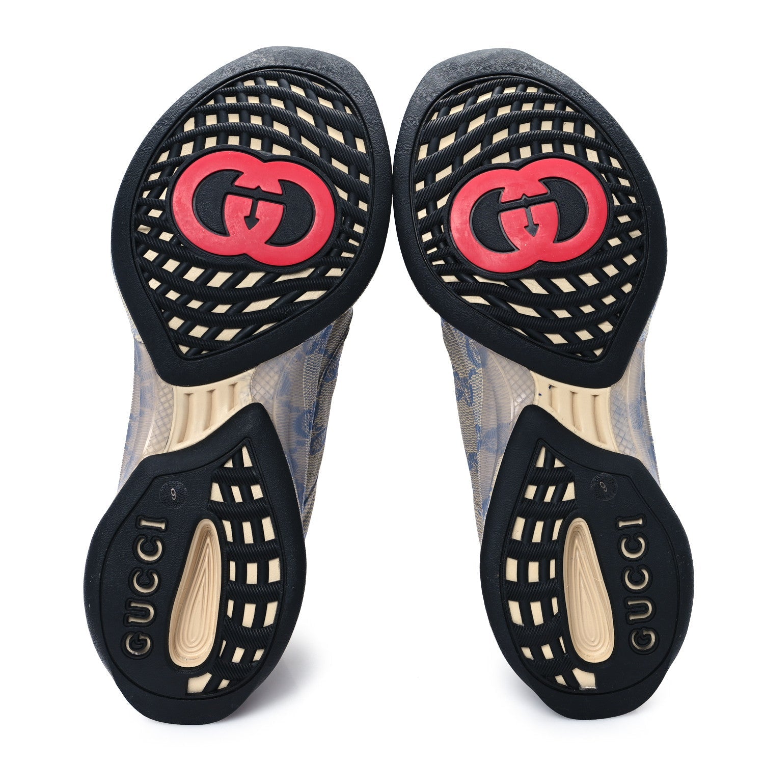 Ultralight Plume Calfskin Monogram Printed Mens Gucci Run Sneakers 9 Beige Blue