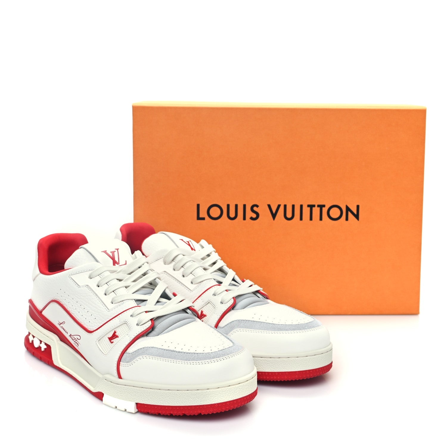 Grained Calfskin Script Mens LV Trainer Sneakers 9 Red