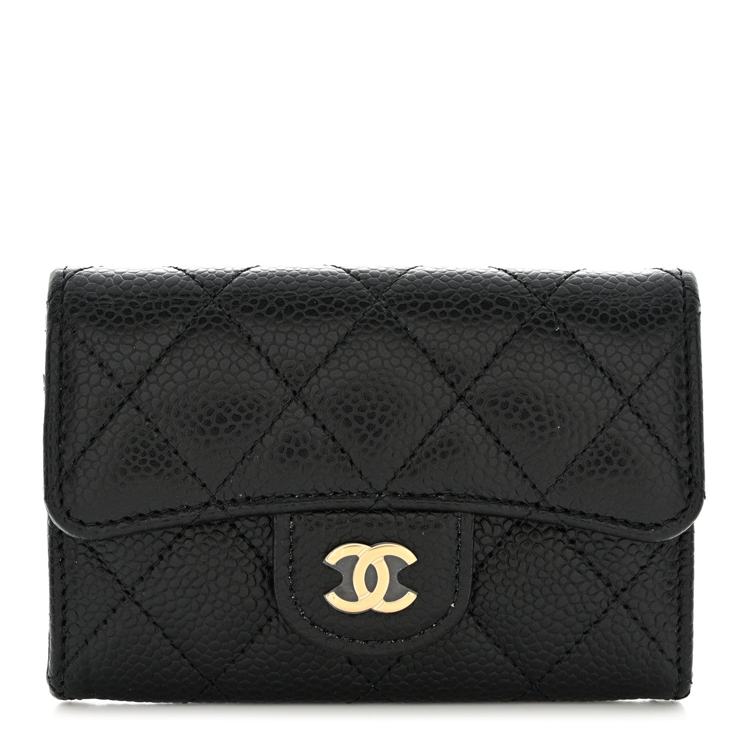 Caviar Quilted Flap Card Holder Wallet Black